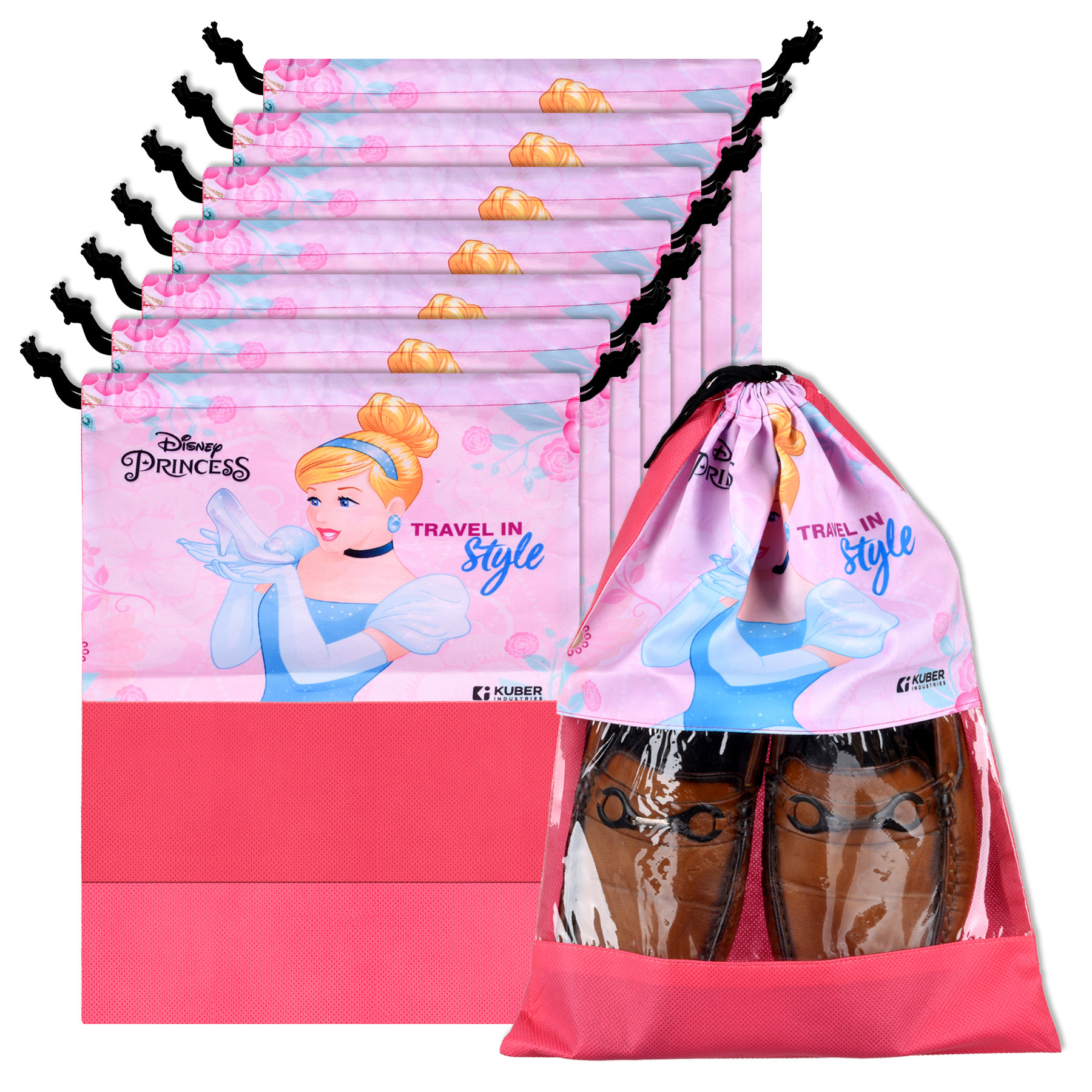 Kuber Industries Disney Princess Shoe Bags | Shoe Bags for Travel | Drawstring Shoe Storage Bags | Storage Organizers Set | Shoe Cover with Transparent Window | Shoe Pouches | Pink