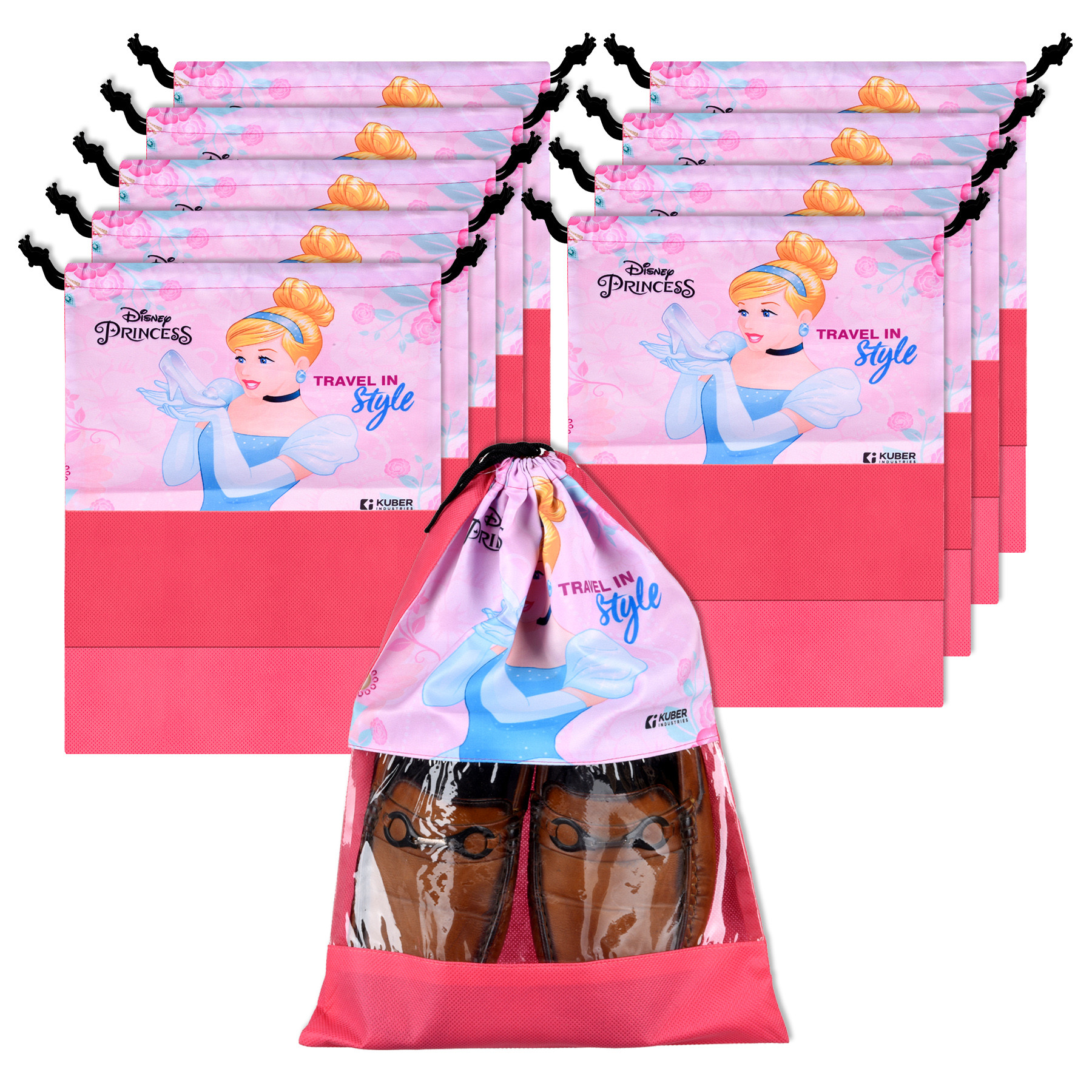 Kuber Industries Disney Princess Shoe Bags | Shoe Bags for Travel | Drawstring Shoe Storage Bags | Storage Organizers Set | Shoe Cover with Transparent Window | Shoe Pouches | Pink