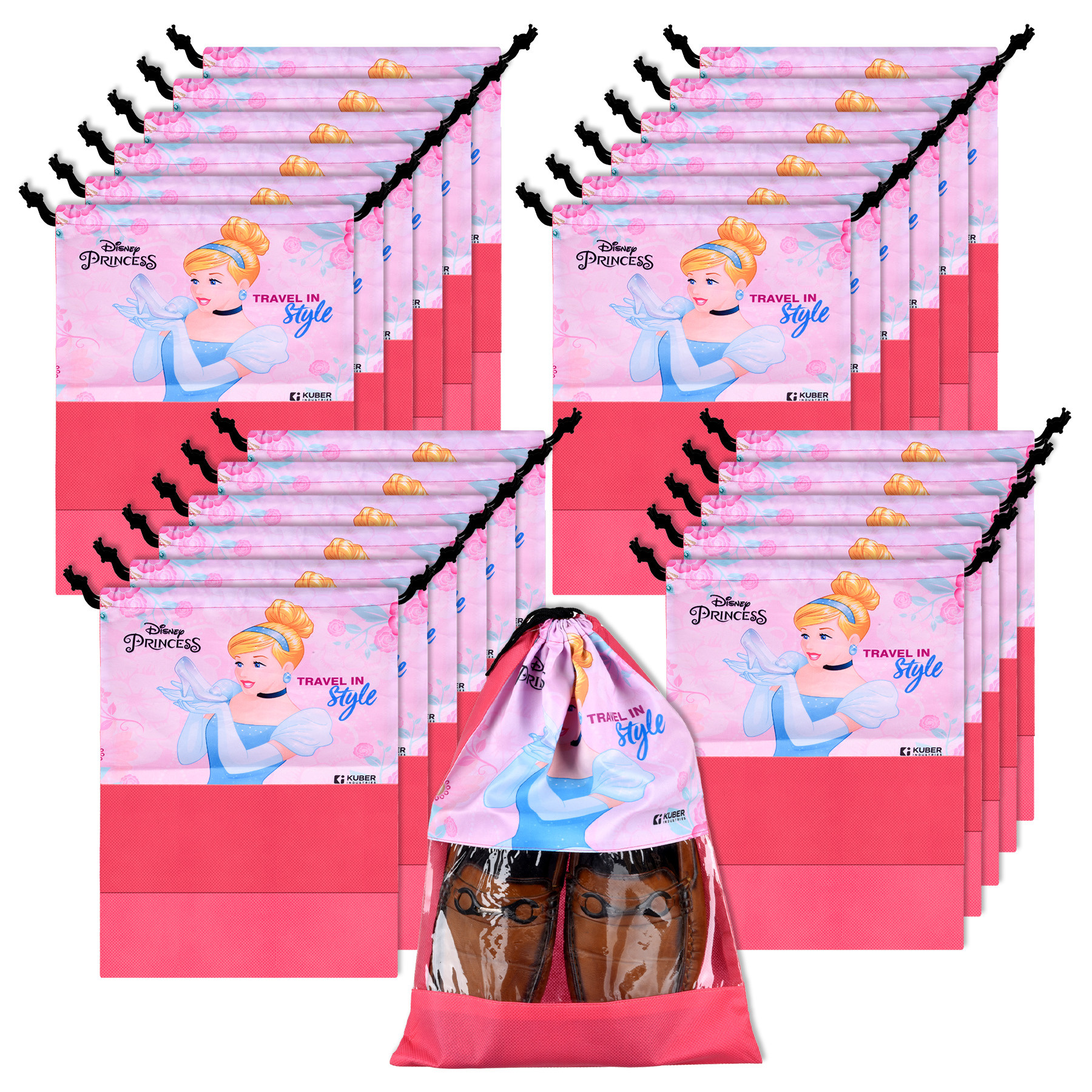 Kuber Industries Disney Princess Shoe Bags | Shoe Bags for Travel | Drawstring Shoe Storage Bags | Storage Organizers Set | Shoe Cover with Transparent Window | Shoe Pouches | Pink