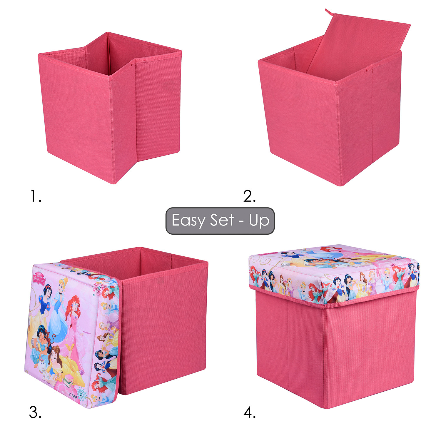 Kuber Industries Disney Princess Storage Sitting Stool  Foldable Storage Box  Storage Sitting Stool for Kids Room  Stool For Living Room  Storage Stool Box For Toys  Pink