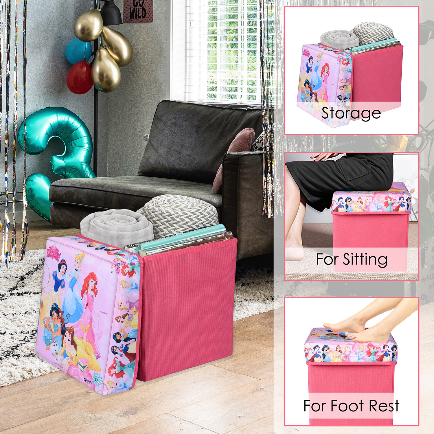 Kuber Industries Disney Princess Storage Sitting Stool | Foldable Storage Box | Storage Sitting Stool for Kids Room | Stool For Living Room | Storage Stool Box For Toys | Pink