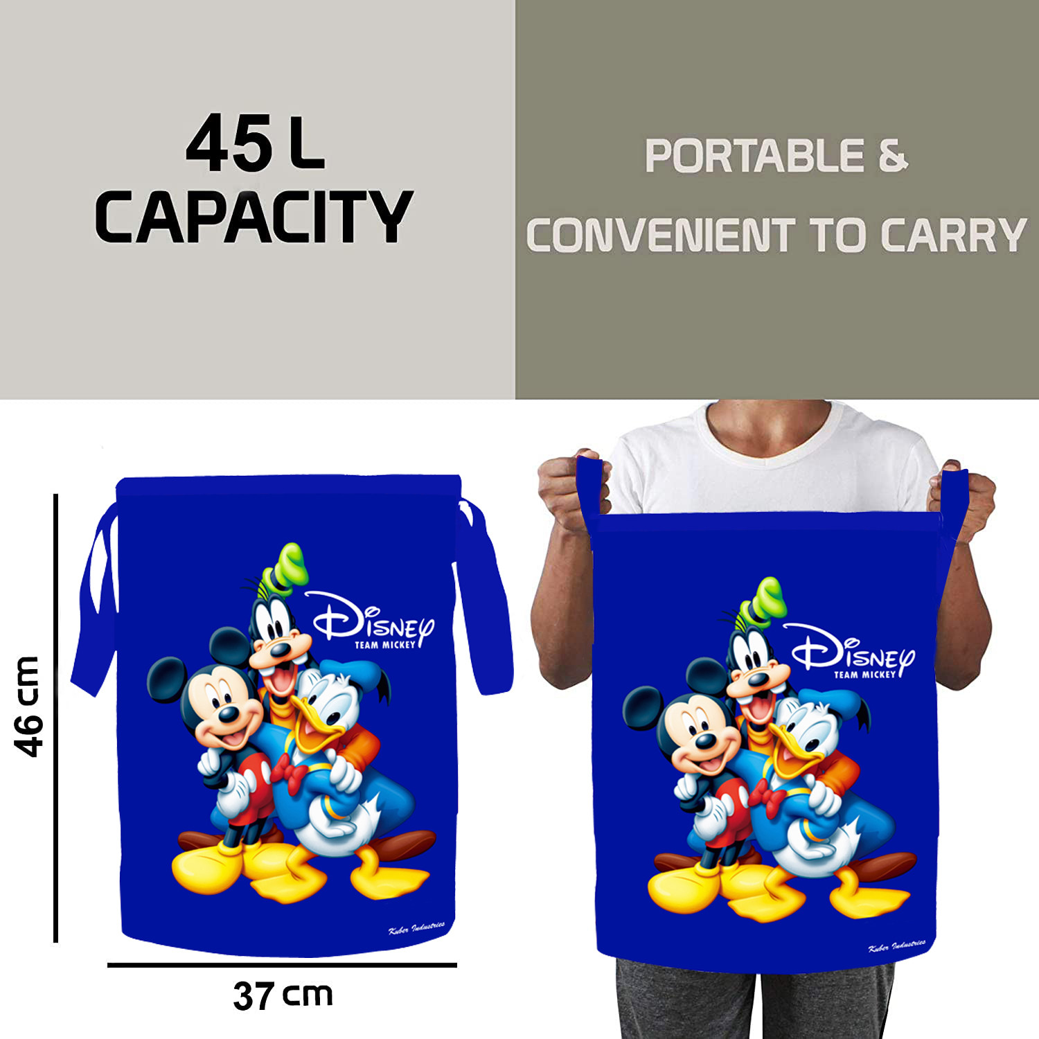 Kuber Industries Disney Print 2 Pieces Waterproof Canvas Laundry Bag, Toy Storage, Laundry Basket Organizer 45 L (Black & Blue)