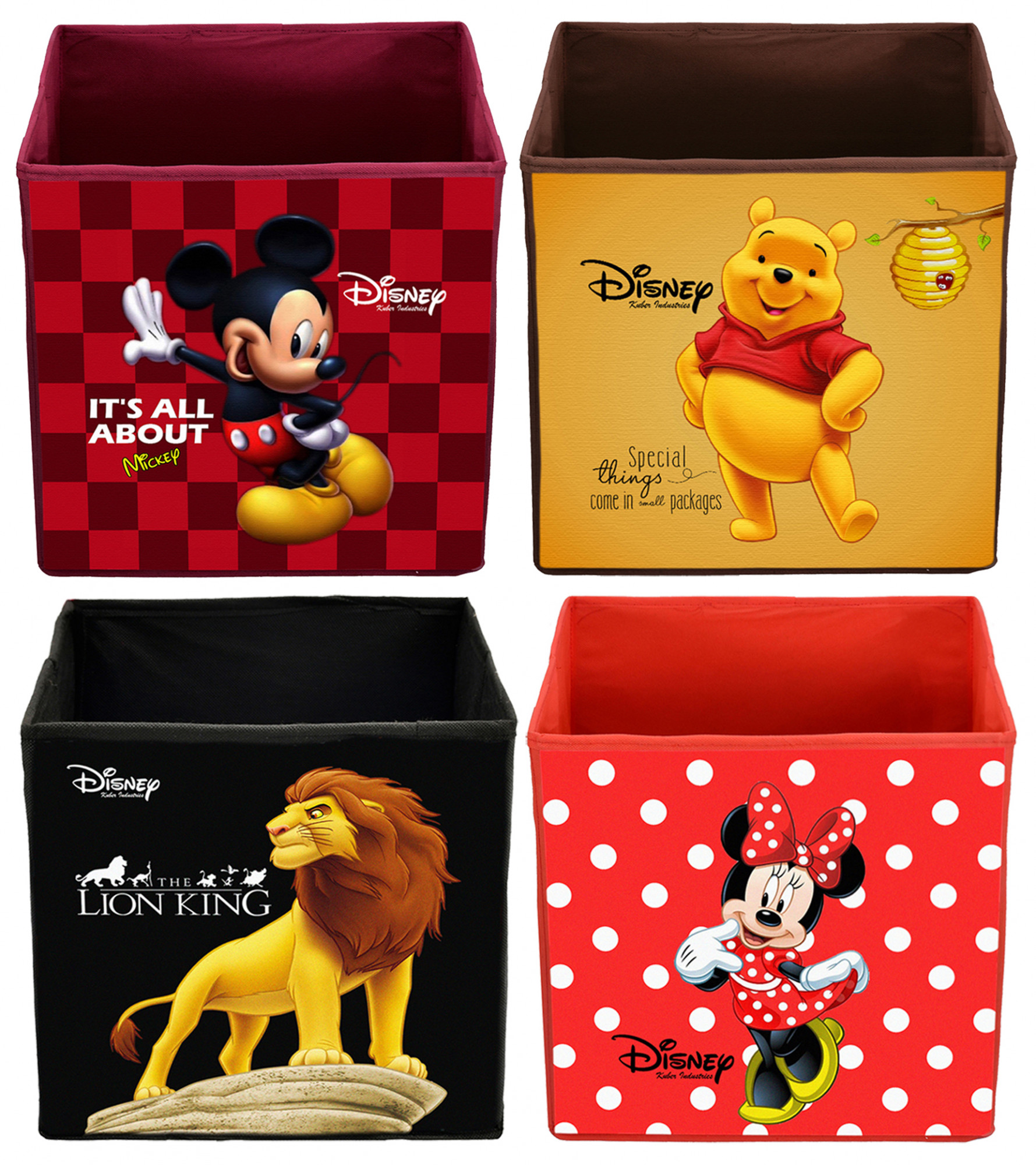 Kuber Industries Disney Print Non Woven Fabric 4 Pieces Foldable Large Size Storage Cube Toy,Books,Shoes Storage Box With Handle (Black,Red,Maroon & Brown)