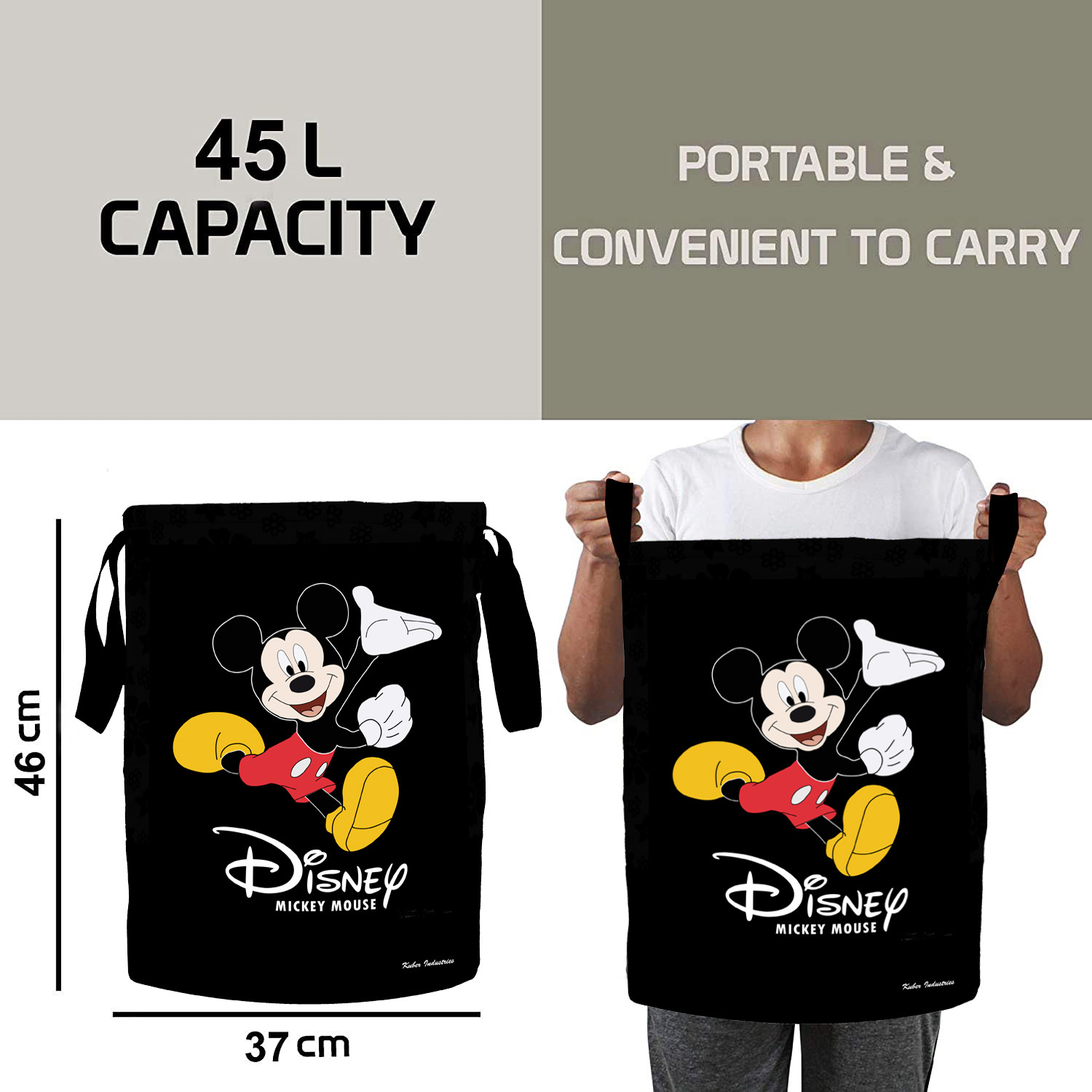 Kuber Industries Disney Print Waterproof Canvas Laundry Bag, Toy Storage, Laundry Basket Organizer 45 L (Black)