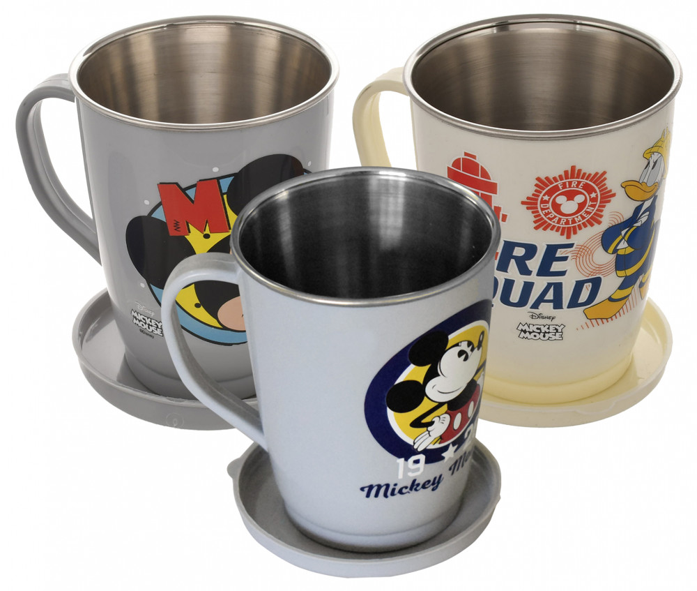 Kuber Industries Disney Printed Food Grade BPA Free Tea/Coffee Mug for Coffee Tea Cocoa, Camping Mugs with Lid, Pack of 3 (Light Grey &amp; Cream &amp; Grey)