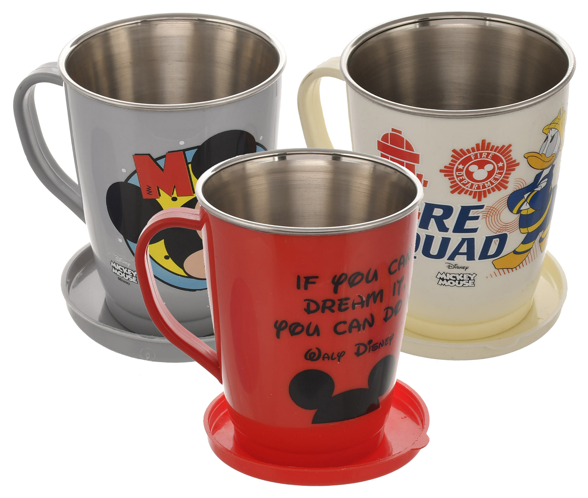Kuber Industries Disney Printed Food Grade BPA Free Tea/Coffee Mug for Coffee Tea Cocoa, Camping Mugs with Lid, Pack of 3 (Light Grey & Cream & Red)