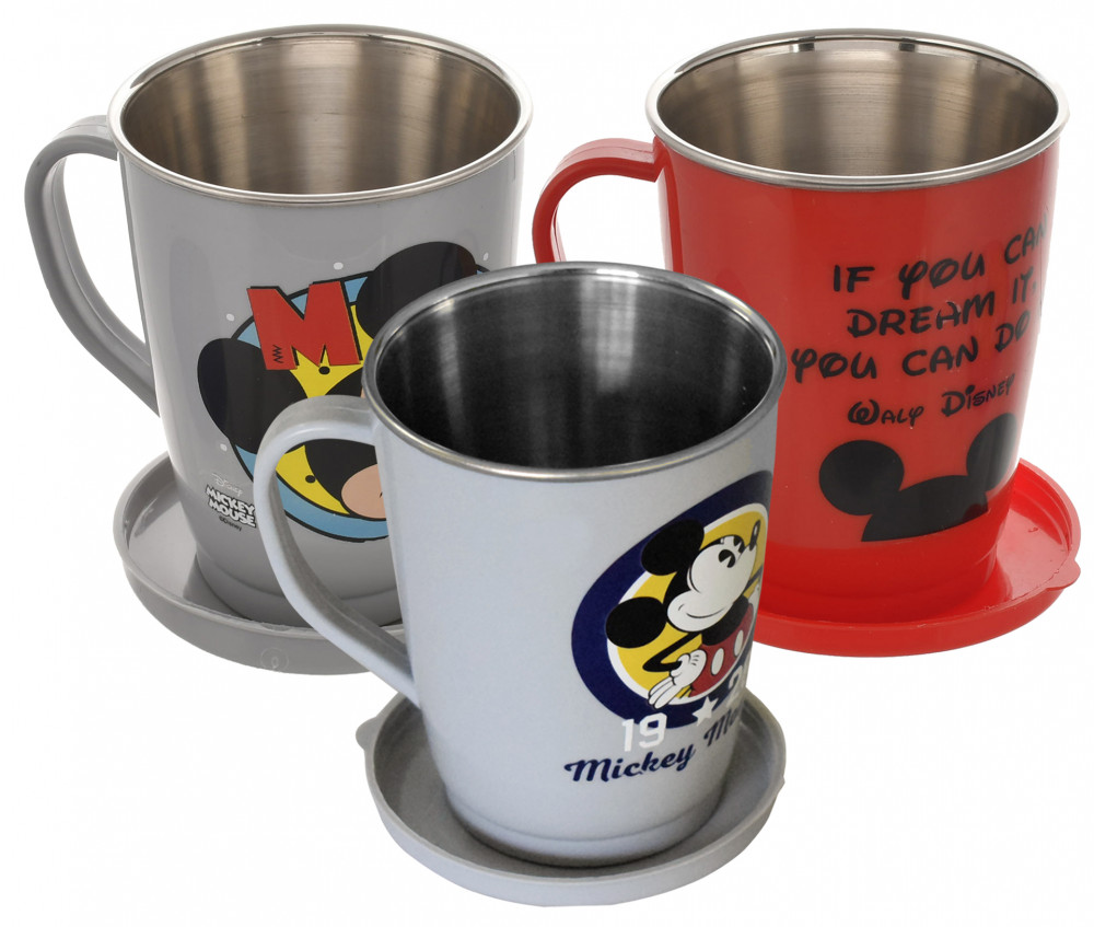 Kuber Industries Disney Printed Food Grade BPA Free Tea/Coffee Mug for Coffee Tea Cocoa, Camping Mugs with Lid, Pack of 3 (Light Grey &amp; Grey &amp; Red)