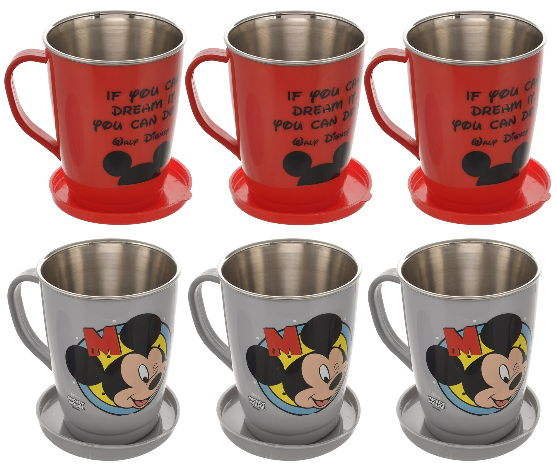 Kuber Industries Disney Printed Food Grade BPA Free Tea/Coffee Mug for Coffee Tea Cocoa, Camping Mugs with Lid, Pack of 6 (Light Grey & Red)