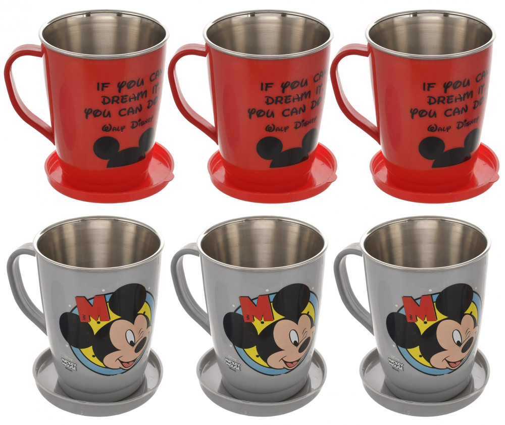 Kuber Industries Disney Printed Food Grade BPA Free Tea/Coffee Mug for Coffee Tea Cocoa, Camping Mugs with Lid, Pack of 6 (Light Grey &amp; Red)
