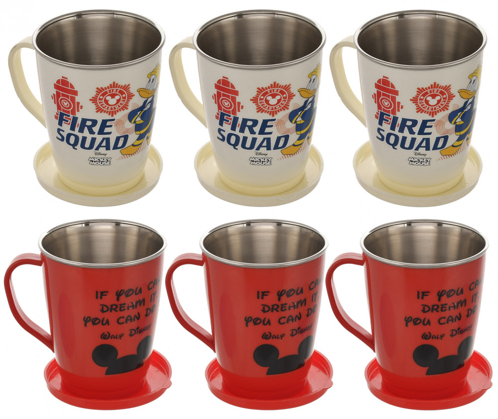 Kuber Industries Disney Printed Food Grade BPA Free Tea/Coffee Mug for Coffee Tea Cocoa, Camping Mugs with Lid, Pack of 6 (Red &amp; Cream)