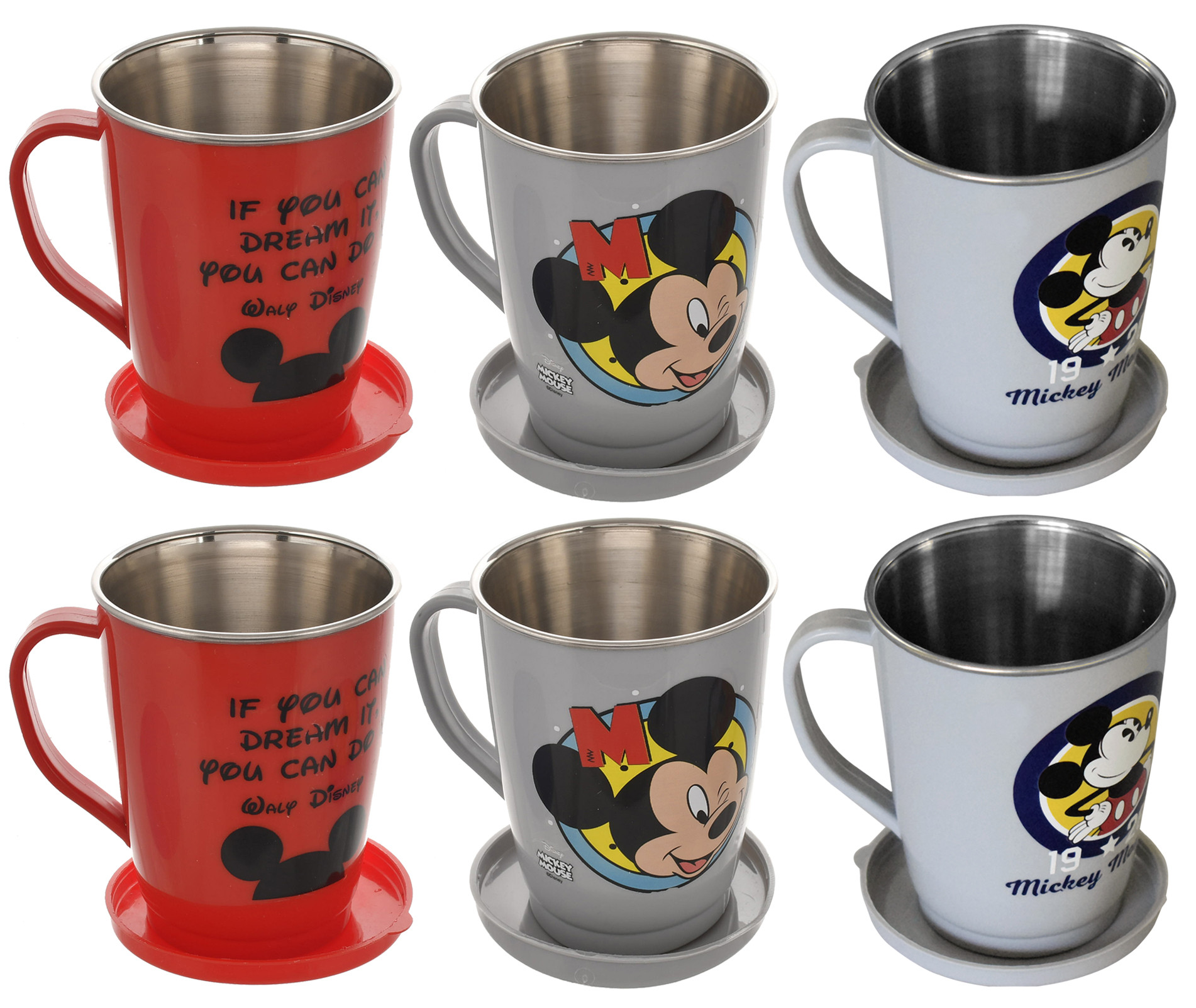 Kuber Industries Disney Printed Food Grade BPA Free Tea/Coffee Mug for Coffee Tea Cocoa, Camping Mugs with Lid, Pack of 6 (Light Grey & Grey & Red)
