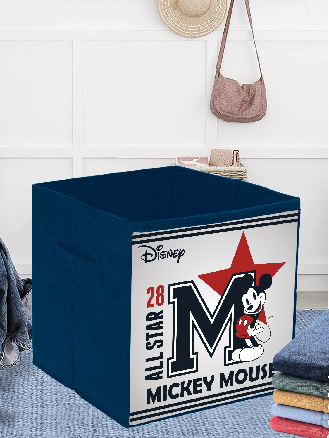 Kuber Industries Disney Star Mickey Print Durable & Collapsible Square Storage Box|Clothes Organizer With Handle,.(Navy Blue)