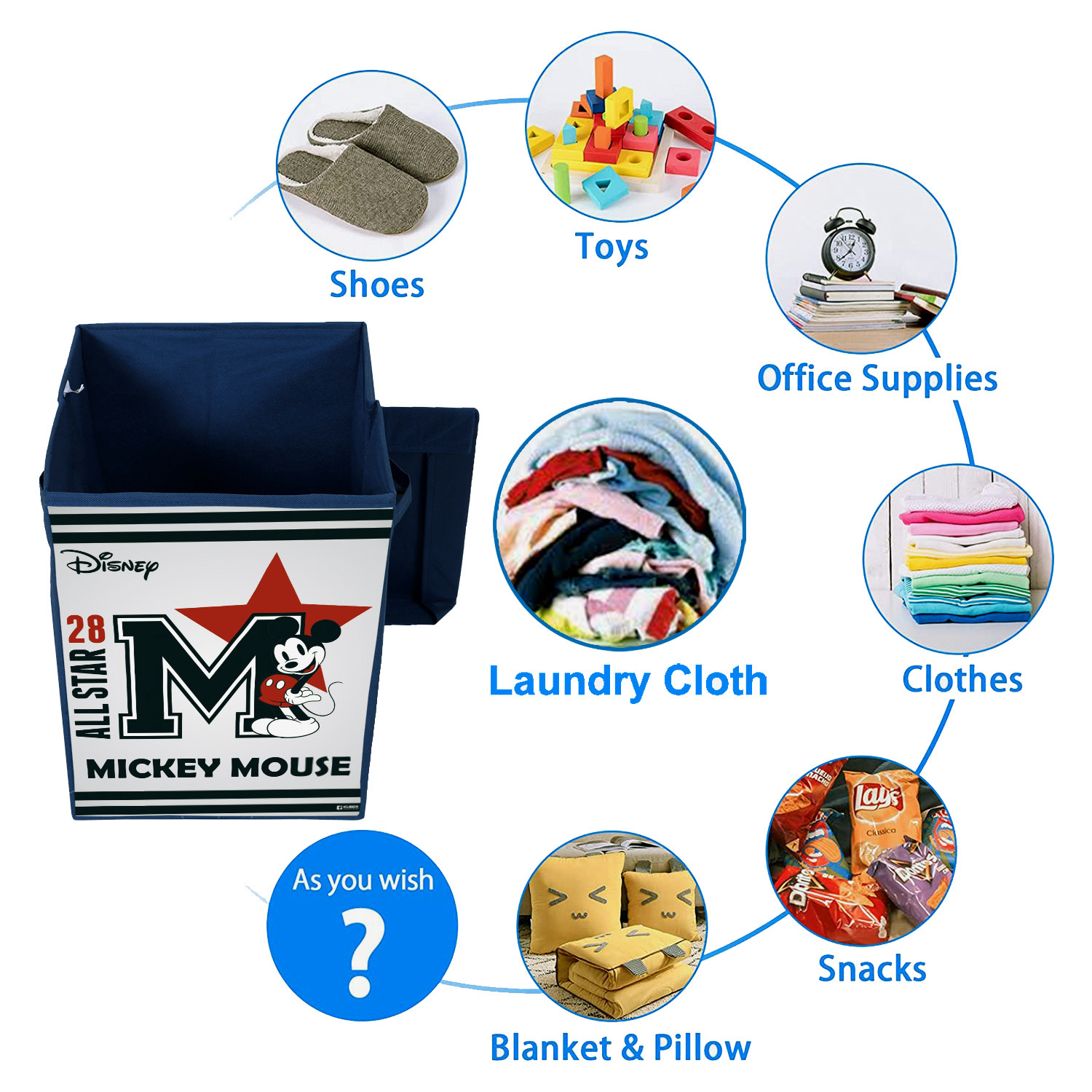 Kuber Industries Disney Star Mickey Print Foldable Laundry Basket|Clothes Storage Basket With Handle & Lid,60 Ltr.(Navy Blue)