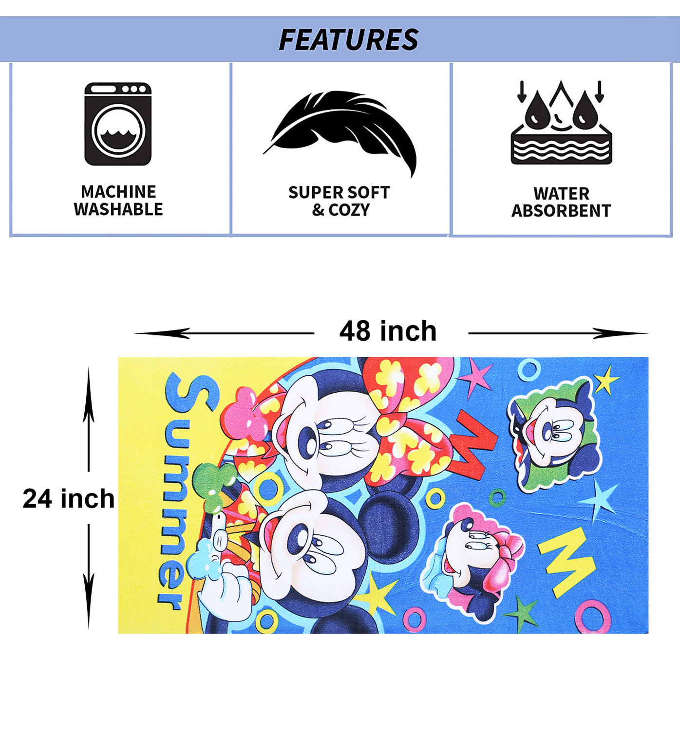 Kuber Industries Disney Summer Mickey Kids Bath Towel|Soft Cotton Towel For Kids|Sides Stitched Baby Towel|400 GSM Toddler Bath Towel|24x48 Inch (Multi)
