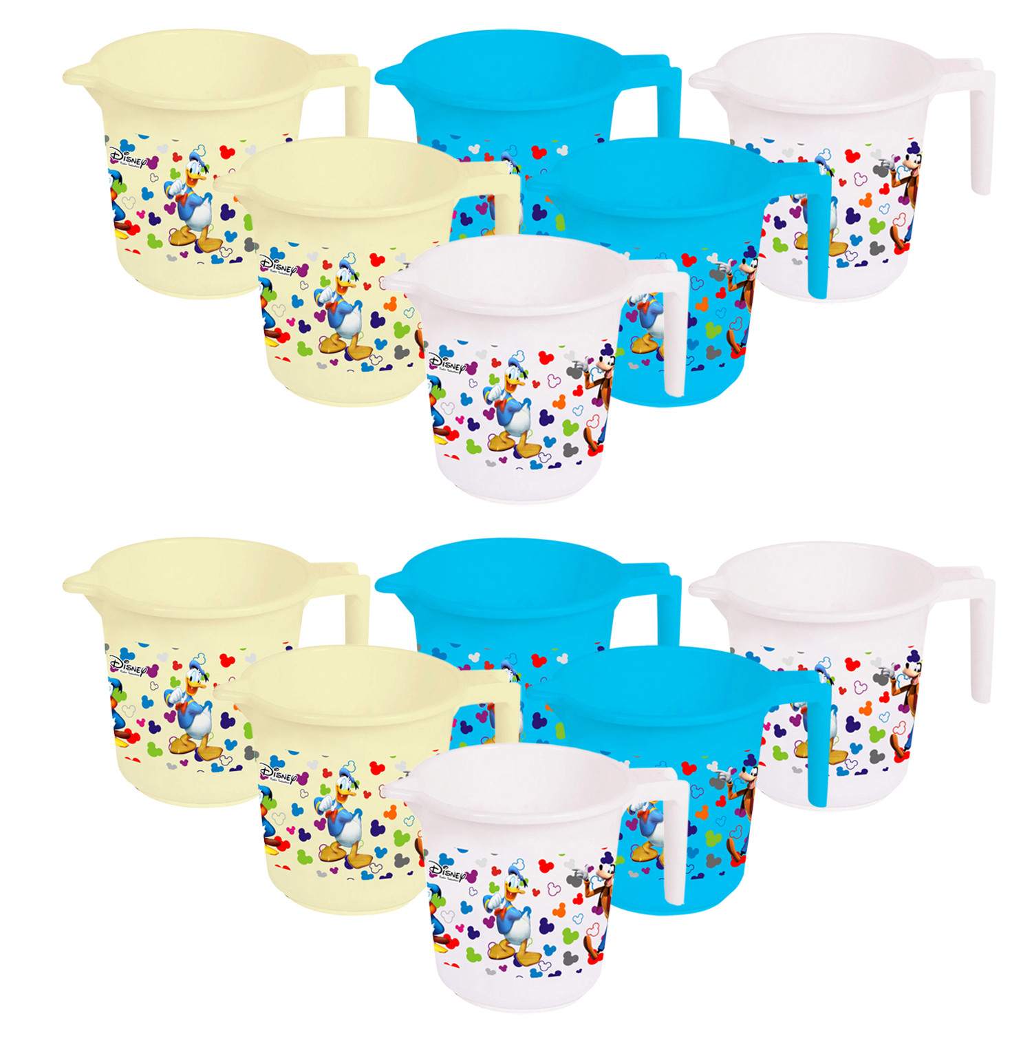 Kuber Industries Disney Team Mickey Print 12 Pieces Unbreakable Strong Plastic Bathroom Mug,500 ML (Cream & Blue & White) -HS_35_KUBMART17243