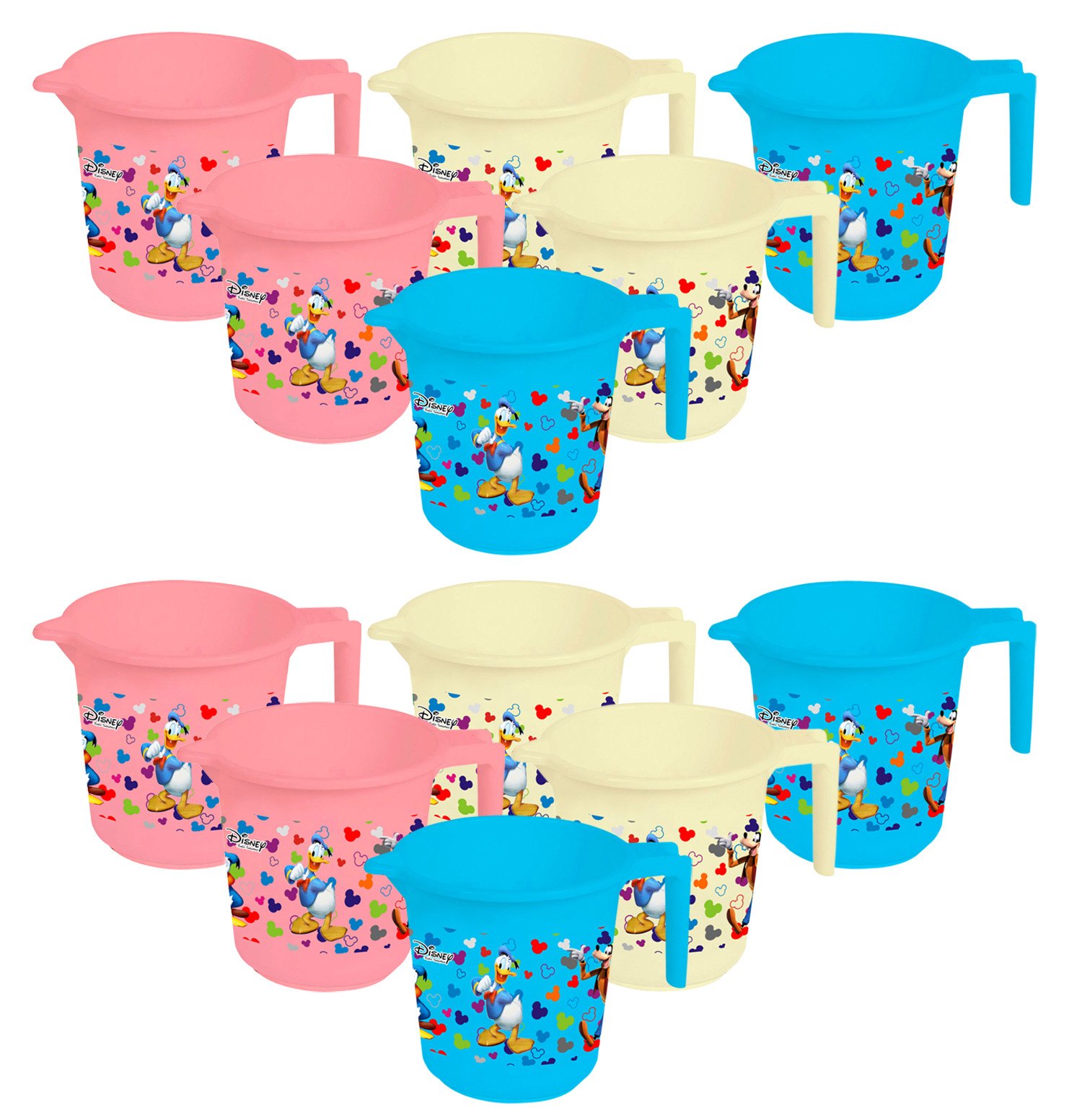 Kuber Industries Disney Team Mickey Print 12 Pieces Unbreakable Strong Plastic Bathroom Mug,500 ML (Pink & Cream & Blue) -HS_35_KUBMART17235