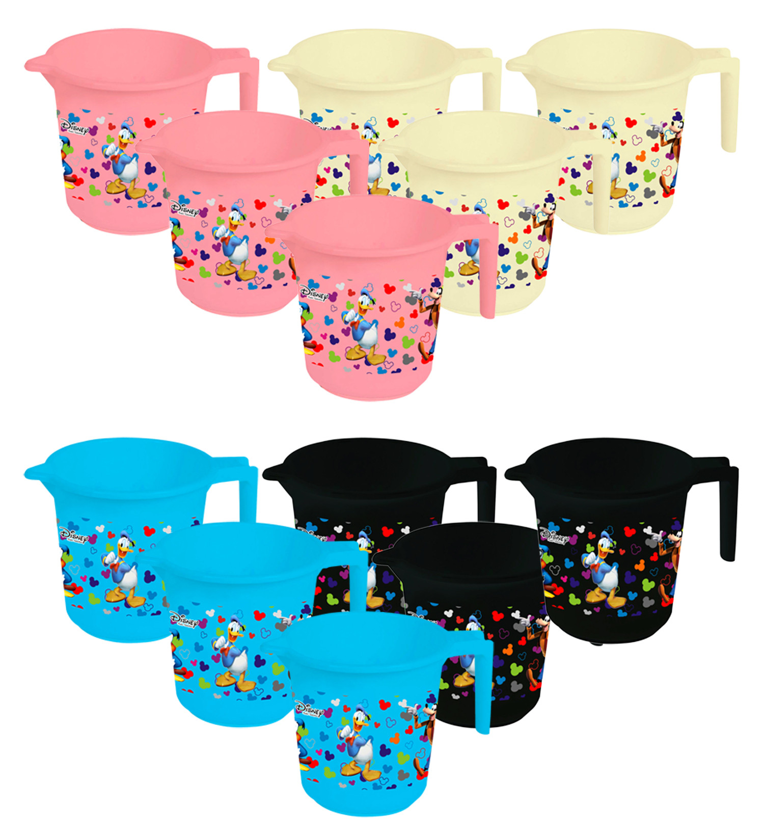 Kuber Industries Disney Team Mickey Print 12 Pieces Unbreakable Strong Plastic Bathroom Mug,500 ML (Pink & Cream & Blue & Black) -HS_35_KUBMART17247
