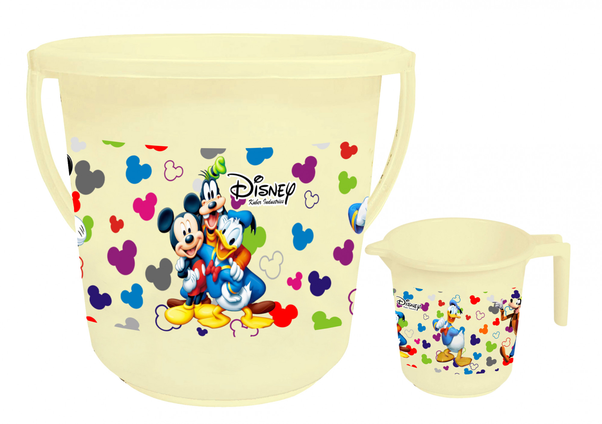 Kuber Industries Disney Team Mickey Print 2 Pieces Unbreakable Virgin Plastic Bathroom Bucket With Mug Set- Cream, (16 LTR Bucket & 500 ML Mug) -HS_35_KUBMART17485