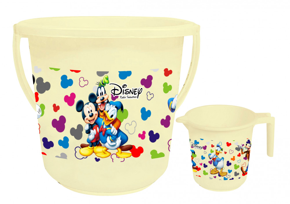 Kuber Industries Disney Team Mickey Print 2 Pieces Unbreakable Virgin Plastic Bathroom Bucket With Mug Set- Cream, (16 LTR Bucket &amp; 500 ML Mug) -HS_35_KUBMART17485