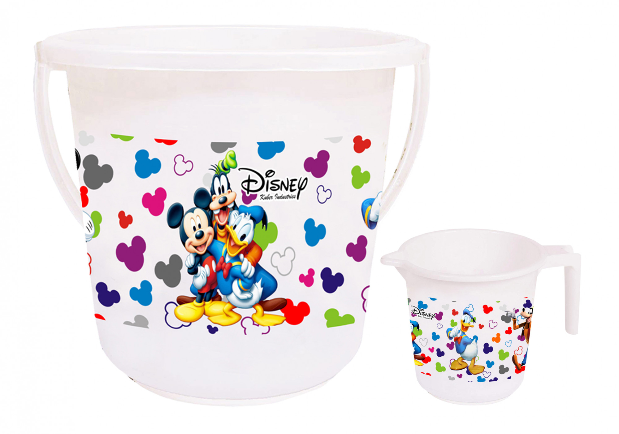 Kuber Industries Disney Team Mickey Print 2 Pieces Unbreakable Virgin Plastic Bathroom Bucket With Mug Set- White, (16 LTR Bucket & 500 ML Mug) -HS_35_KUBMART17497