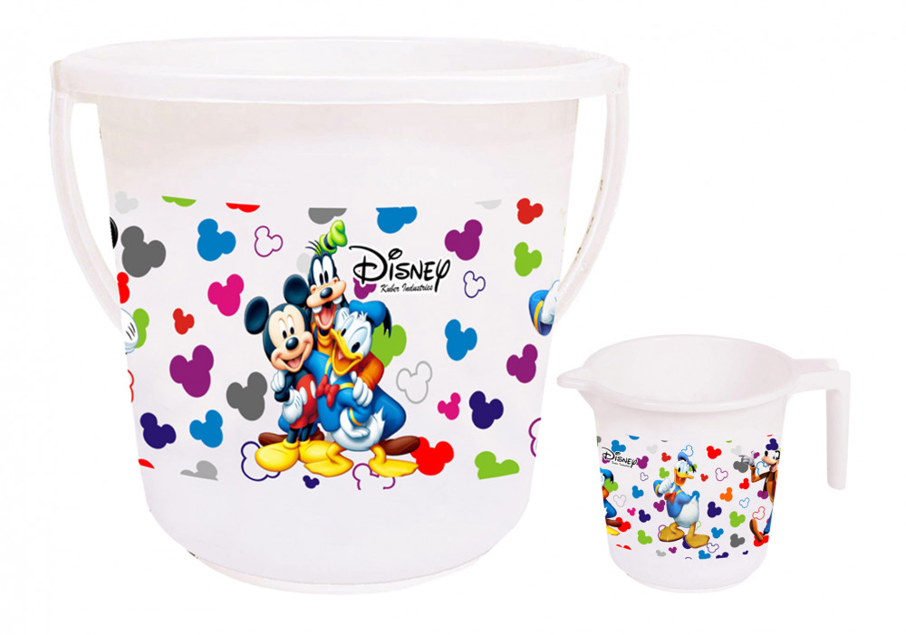 Kuber Industries Disney Team Mickey Print 2 Pieces Unbreakable Virgin Plastic Bathroom Bucket With Mug Set- White, (16 LTR Bucket &amp; 500 ML Mug) -HS_35_KUBMART17497