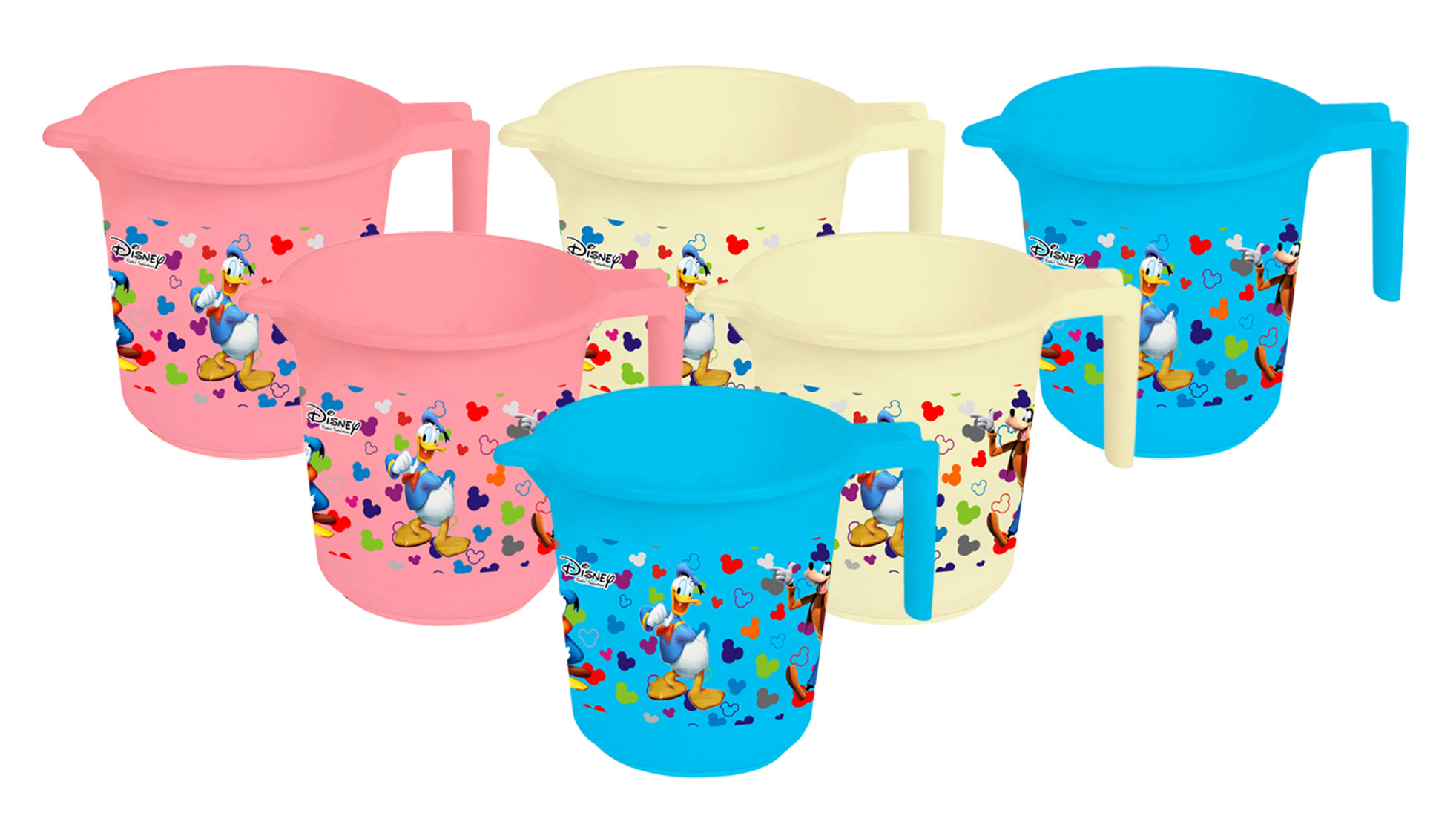Kuber Industries Disney Team Mickey Print 6 Pieces Unbreakable Strong Plastic Bathroom Mug,500 ML (Pink & Cream & Blue) -HS_35_KUBMART17177