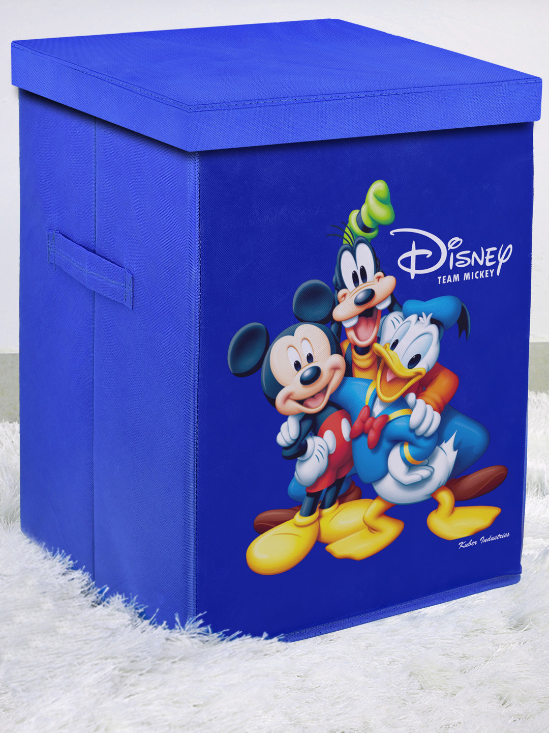 Kuber Industries Disney Team Mickey Print Non Woven Fabric Foldable Laundry Basket , Toy Storage Basket, Cloth Storage Basket with Lid & Handles (Royal Blue)-KUBMART1212