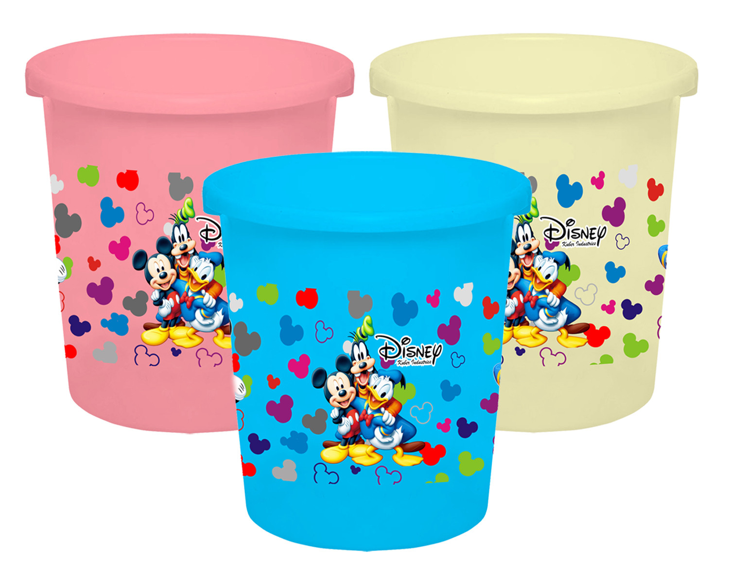 Kuber Industries Disney Team Mickey Print Plastic 3 Pieces Garbage Waste Dustbin/Recycling Bin for Home, Office, Factory, 5 Liters (Pink & Cream & Blue) -HS_35_KUBMART17365