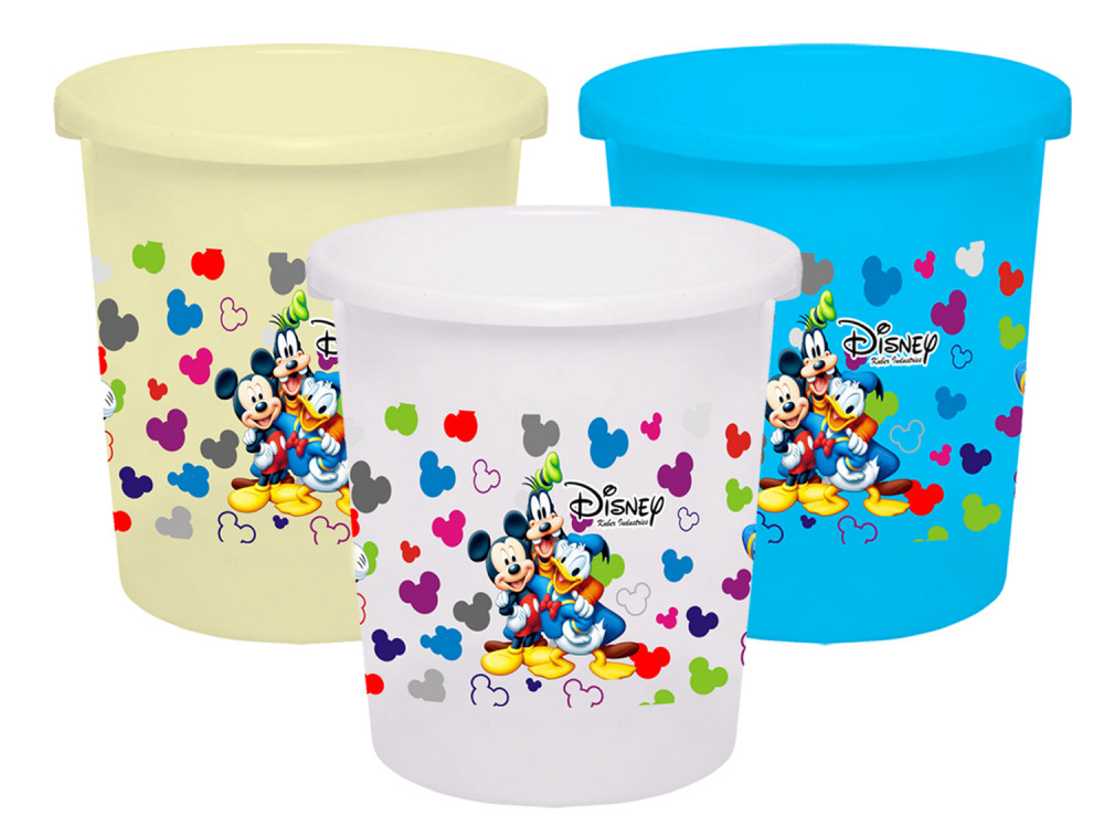 Kuber Industries Disney Team Mickey Print Plastic 3 Pieces Garbage Waste Dustbin/Recycling Bin for Home, Office, Factory, 5 Liters (Cream &amp; Blue &amp; White) -HS_35_KUBMART17373
