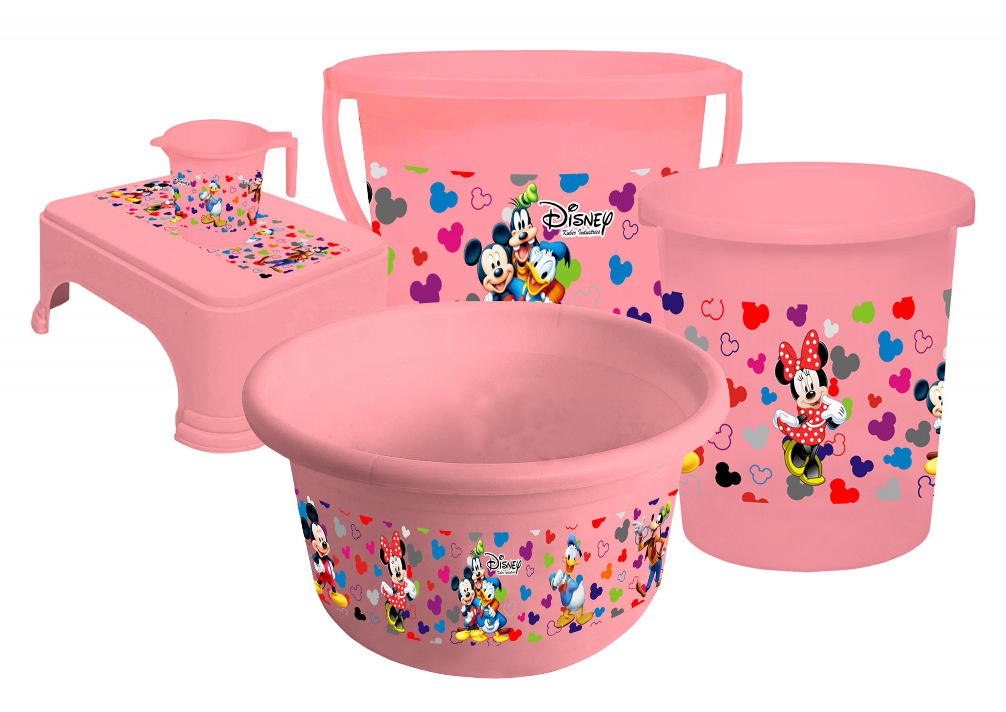 Kuber Industries Disney Team Mickey Print Plastic Bathroom Set of 5 Pieces with Bucket, Tub, Stool, Dustbin & Mug (Pink)-KUBMART15273 -HS_35_KUBMART17521
