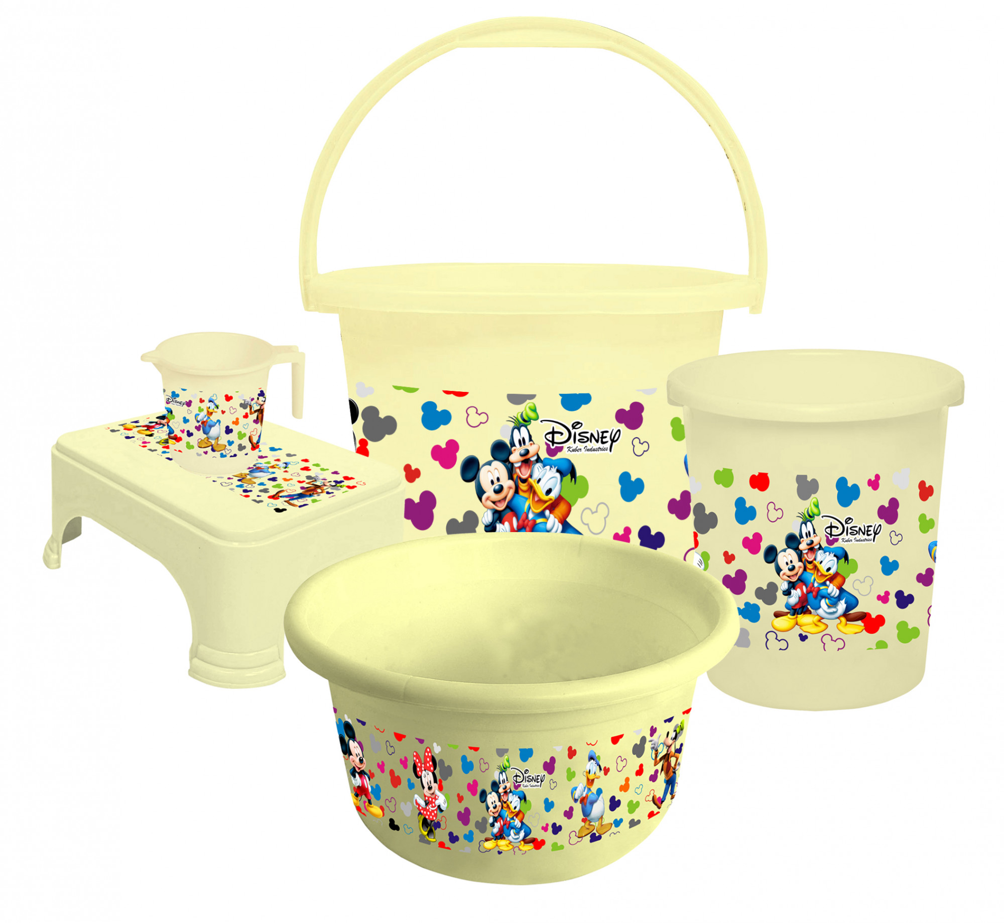 Kuber Industries Disney Team Mickey Print Plastic Bathroom Set of 5 Pieces with Bucket, Tub, Stool, Dustbin & Mug (Cream)-KUBMART15273 -HS_35_KUBMART17523