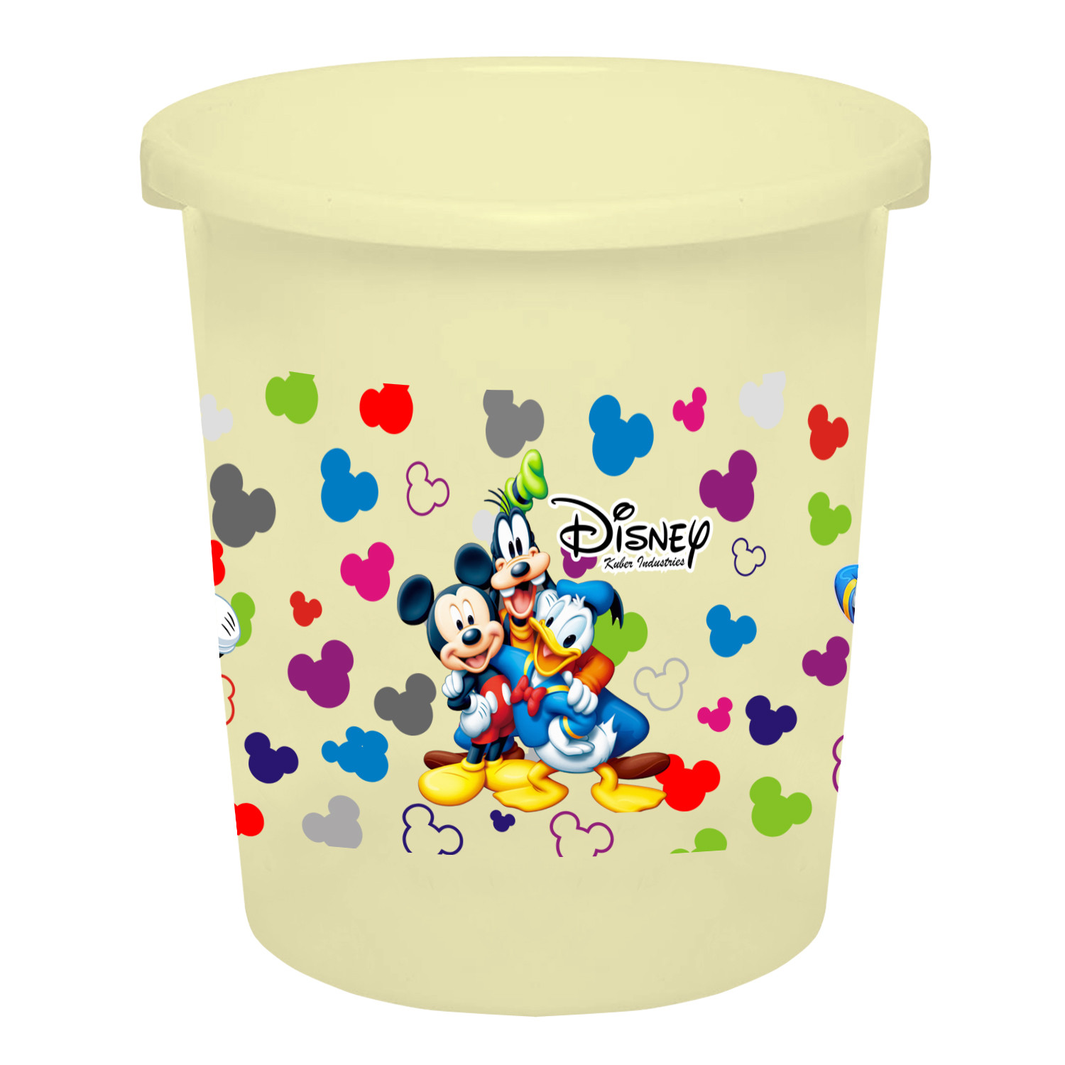 Kuber Industries Disney Team Mickey Print Plastic Bathroom Set of 5 Pieces with Bucket, Tub, Stool, Dustbin & Mug (Cream)-KUBMART15273 -HS_35_KUBMART17523