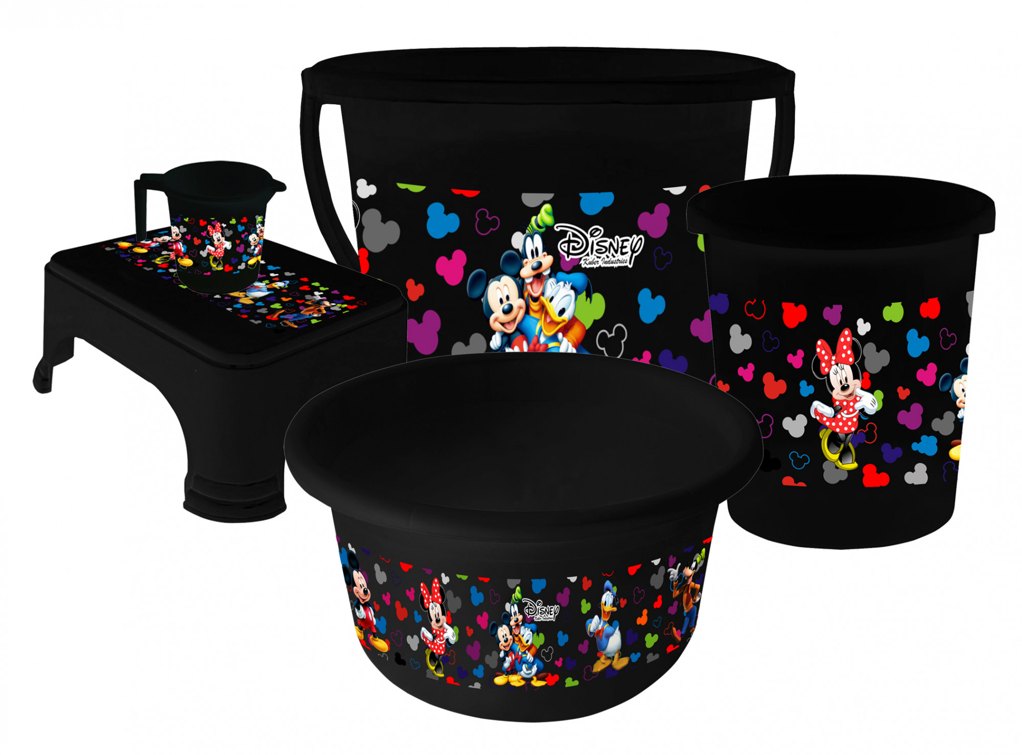 Kuber Industries Disney Team Mickey Print Plastic Bathroom Set of 5 Pieces with Bucket, Tub, Stool, Dustbin & Mug (Black)-KUBMART15273 -HS_35_KUBMART17527
