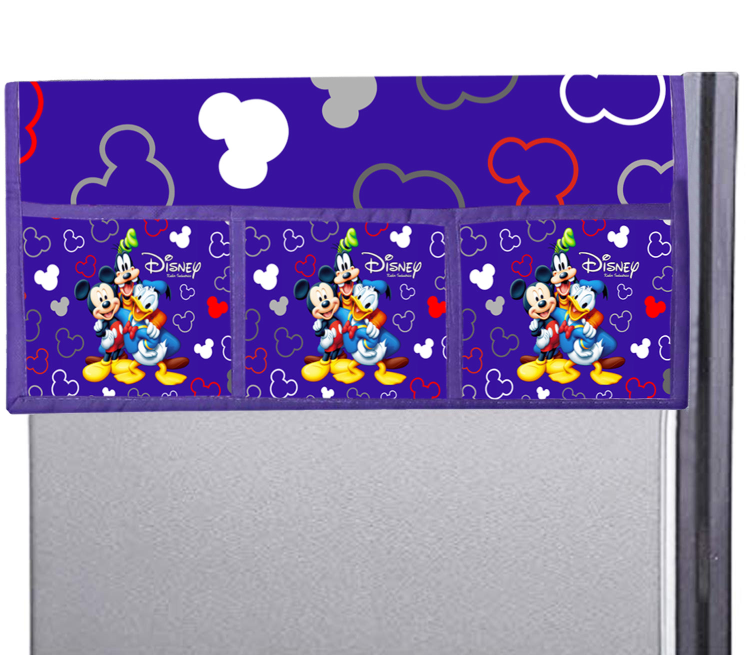Kuber Industries Disney Team Mickey Print Silk Special long Crush 3-Layered Fridge/Refrigerator Top Cover with 6 Utility Pockets,Royal Blue
