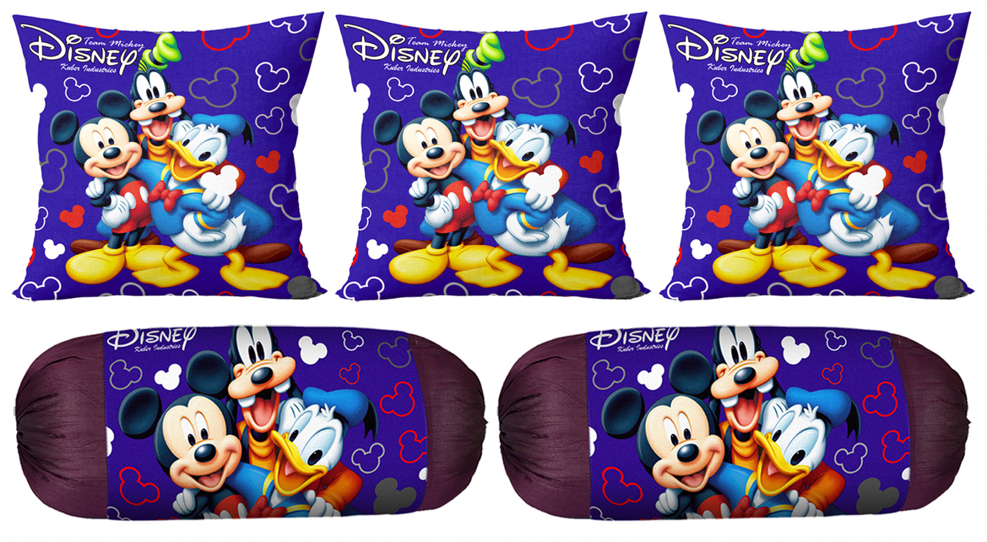 Kuber Industries Disney Team Mickey Print Silk Special long Crush Bolster Cover & Cushion Cover Set Of 5 Pcs (Royal Blue)