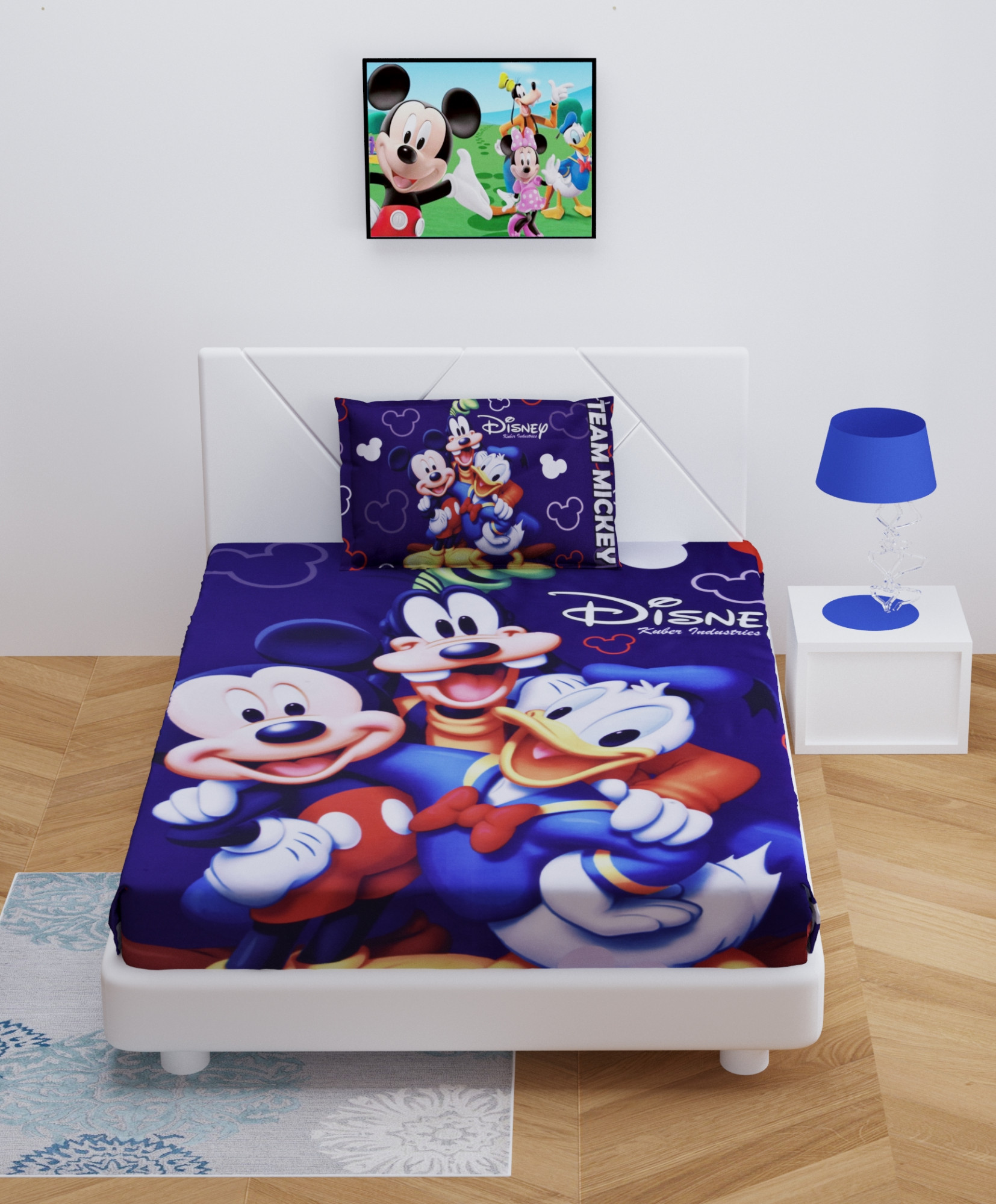 Kuber Industries Disney Team Mickey Print Silk Special long Crush Single Bedsheet with 1 Pillow Cover (Royal Blue)