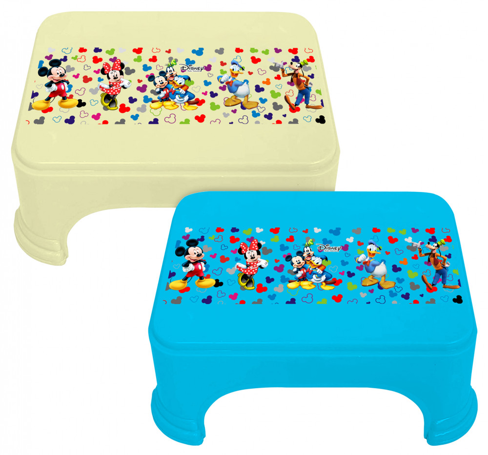 Kuber Industries Disney Team Mickey Print Square Plastic Bathroom Stool (Set of 2, Cream &amp; Blue) -HS_35_KUBMART17291
