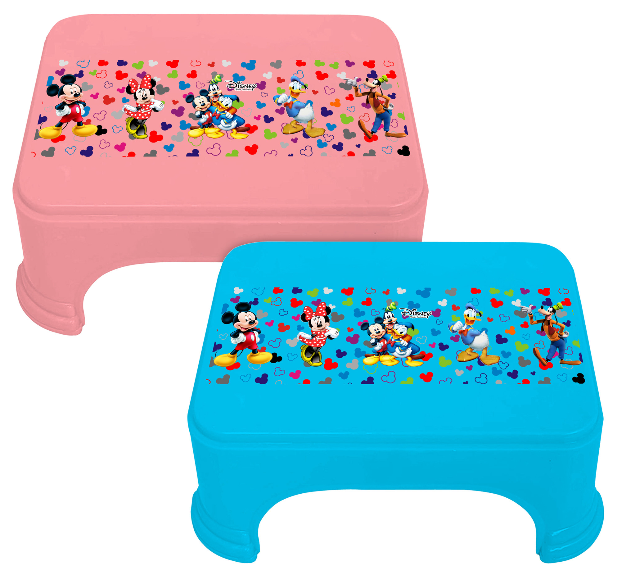 Kuber Industries Disney Team Mickey Print Square Plastic Bathroom Stool (Set of 2, Pink & Blue) -HS_35_KUBMART17285