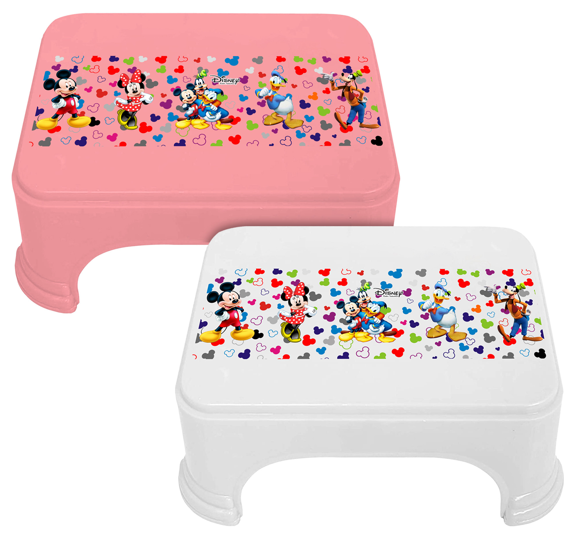 Kuber Industries Disney Team Mickey Print Square Plastic Bathroom Stool (Set of 2, Pink & White) -HS_35_KUBMART17289