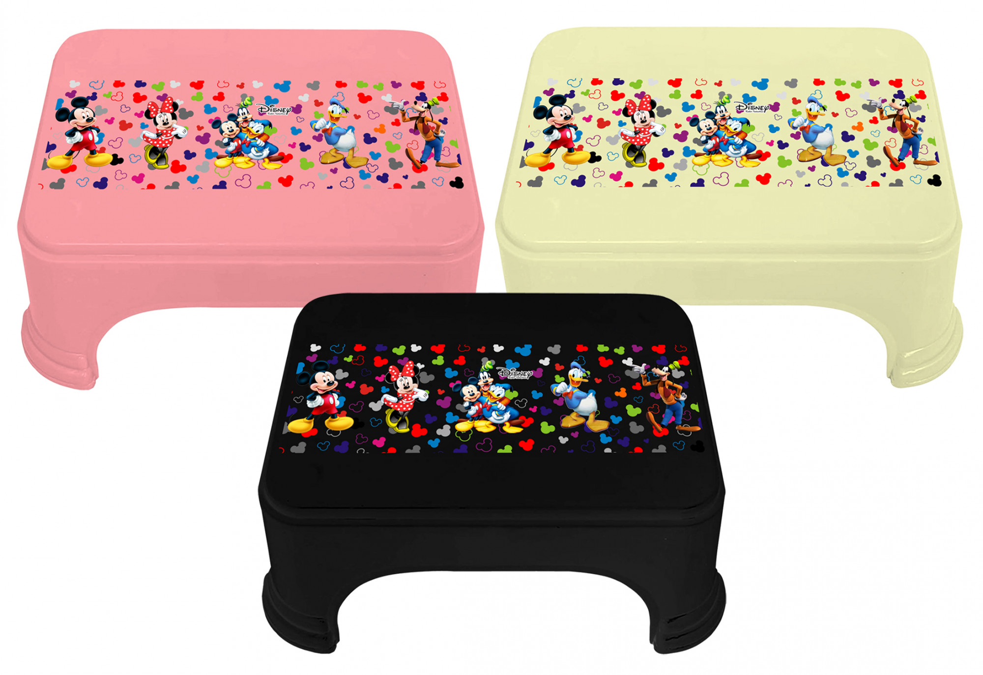 Kuber Industries Disney Team Mickey Print Square Plastic Bathroom Stool (Set of 3, Pink & Cream & Black) -HS_35_KUBMART17305
