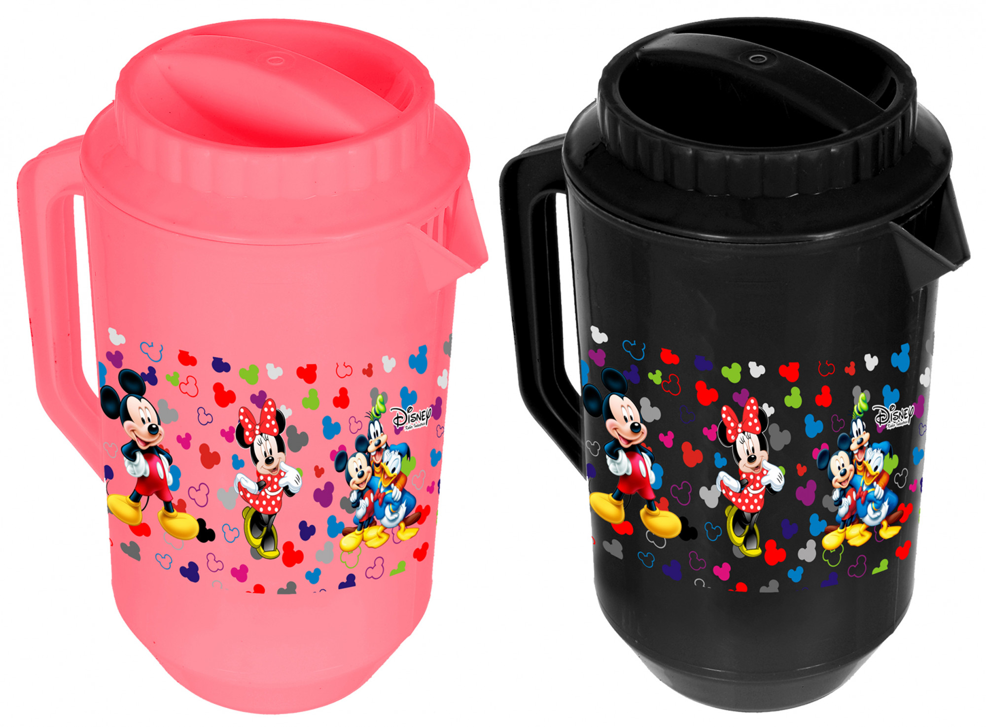Kuber Industries Disney Team Mickey Print Unbreakable Multipurpose Plastic Water & Juice Jug With Lid,2 Ltr (Set Of 2, Pink & Black)