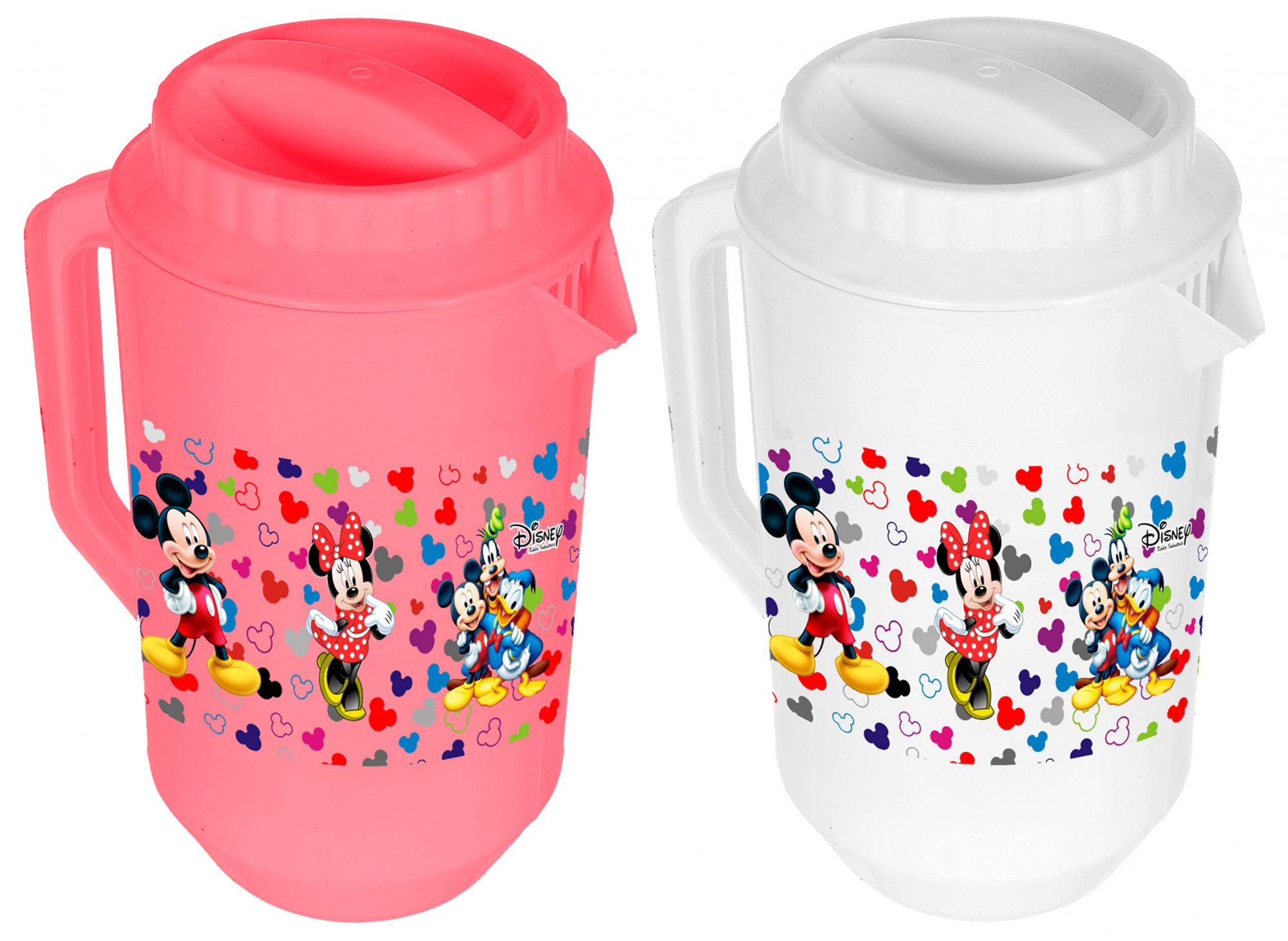 Kuber Industries Disney Team Mickey Print Unbreakable Multipurpose Plastic Water & Juice Jug With Lid,2 Ltr (Set Of 2, Pink & White)