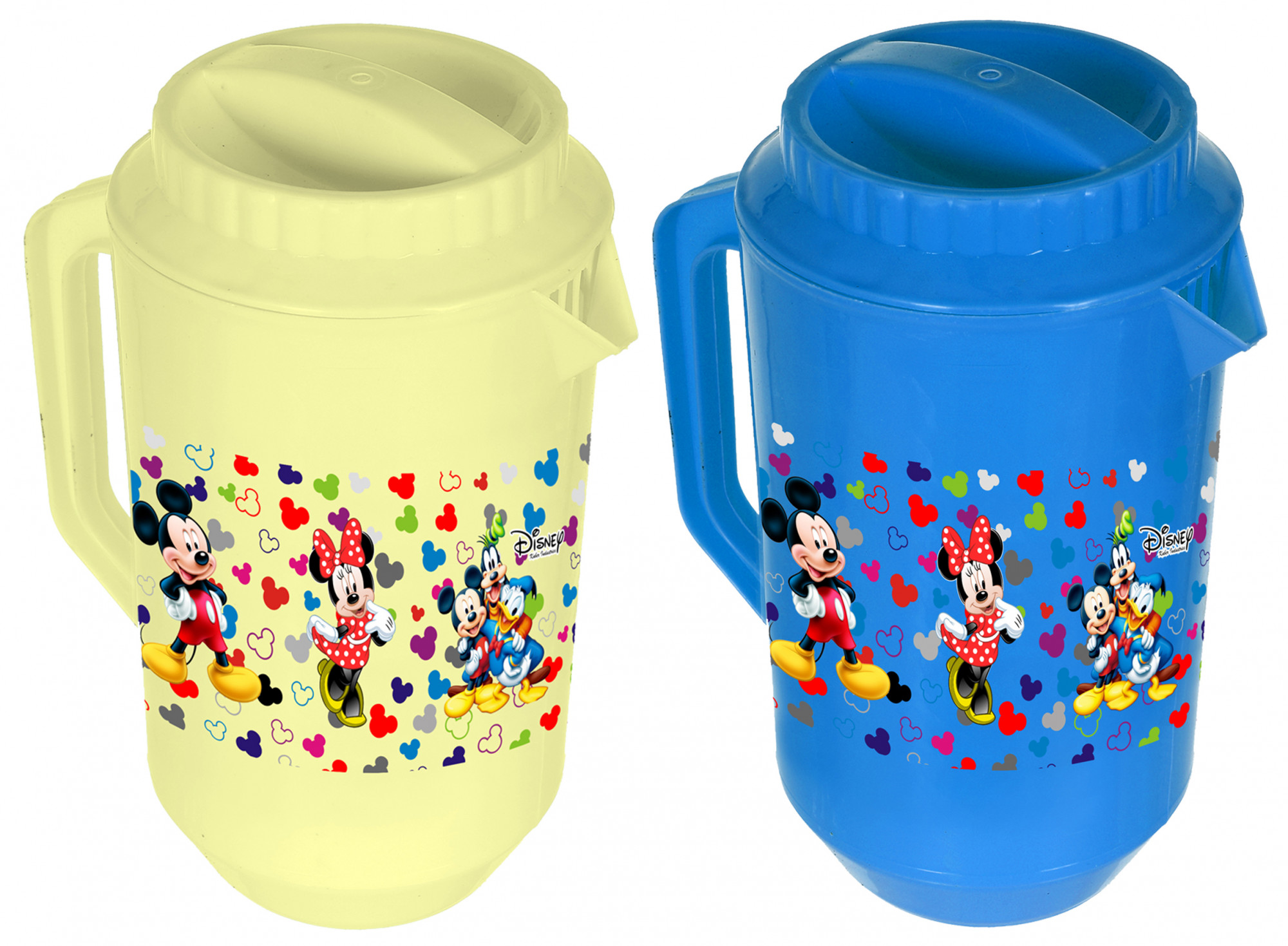 Kuber Industries Disney Team Mickey Print Unbreakable Multipurpose Plastic Water & Juice Jug With Lid,2 Ltr (Set Of 2, Cream & Blue)