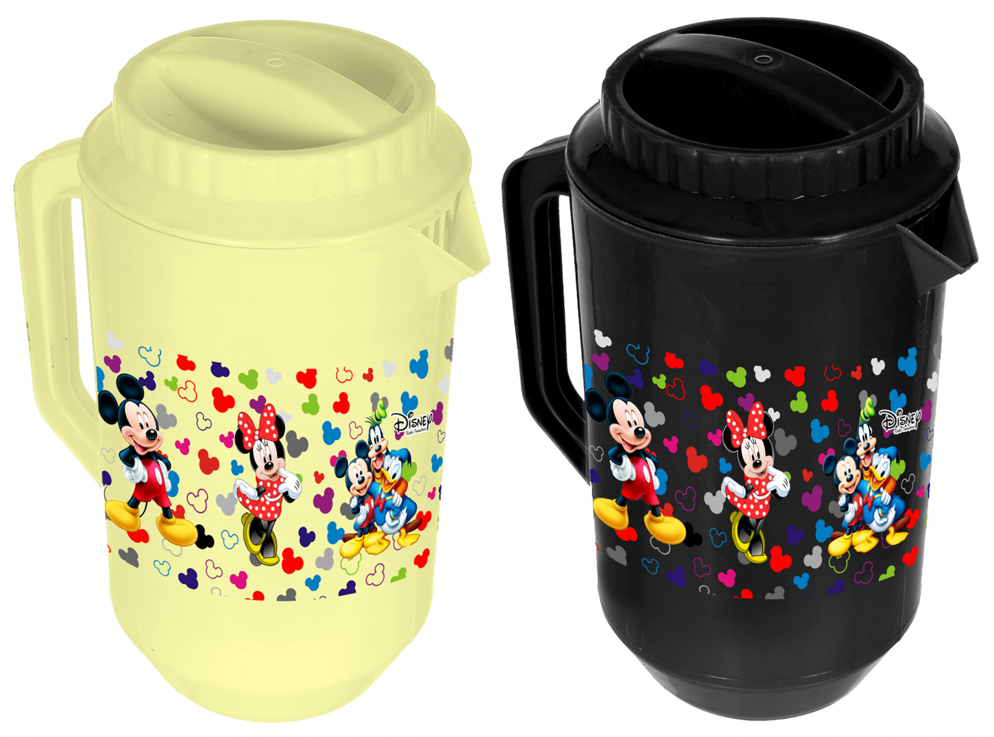 Kuber Industries Disney Team Mickey Print Unbreakable Multipurpose Plastic Water & Juice Jug With Lid,2 Ltr (Set Of 2, Cream & Black)