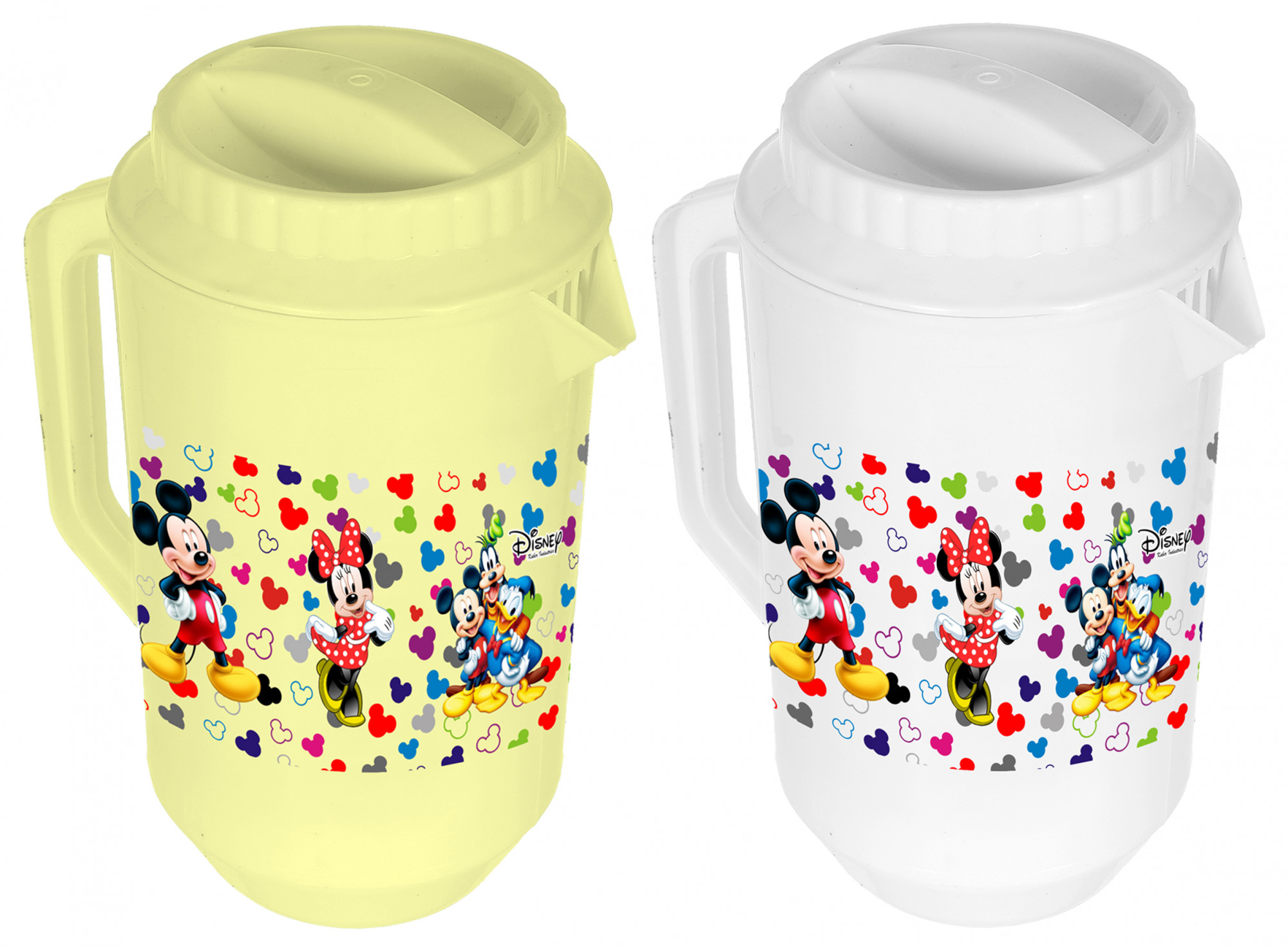 Kuber Industries Disney Team Mickey Print Unbreakable Multipurpose Plastic Water & Juice Jug With Lid,2 Ltr (Set Of 2, Cream & White)