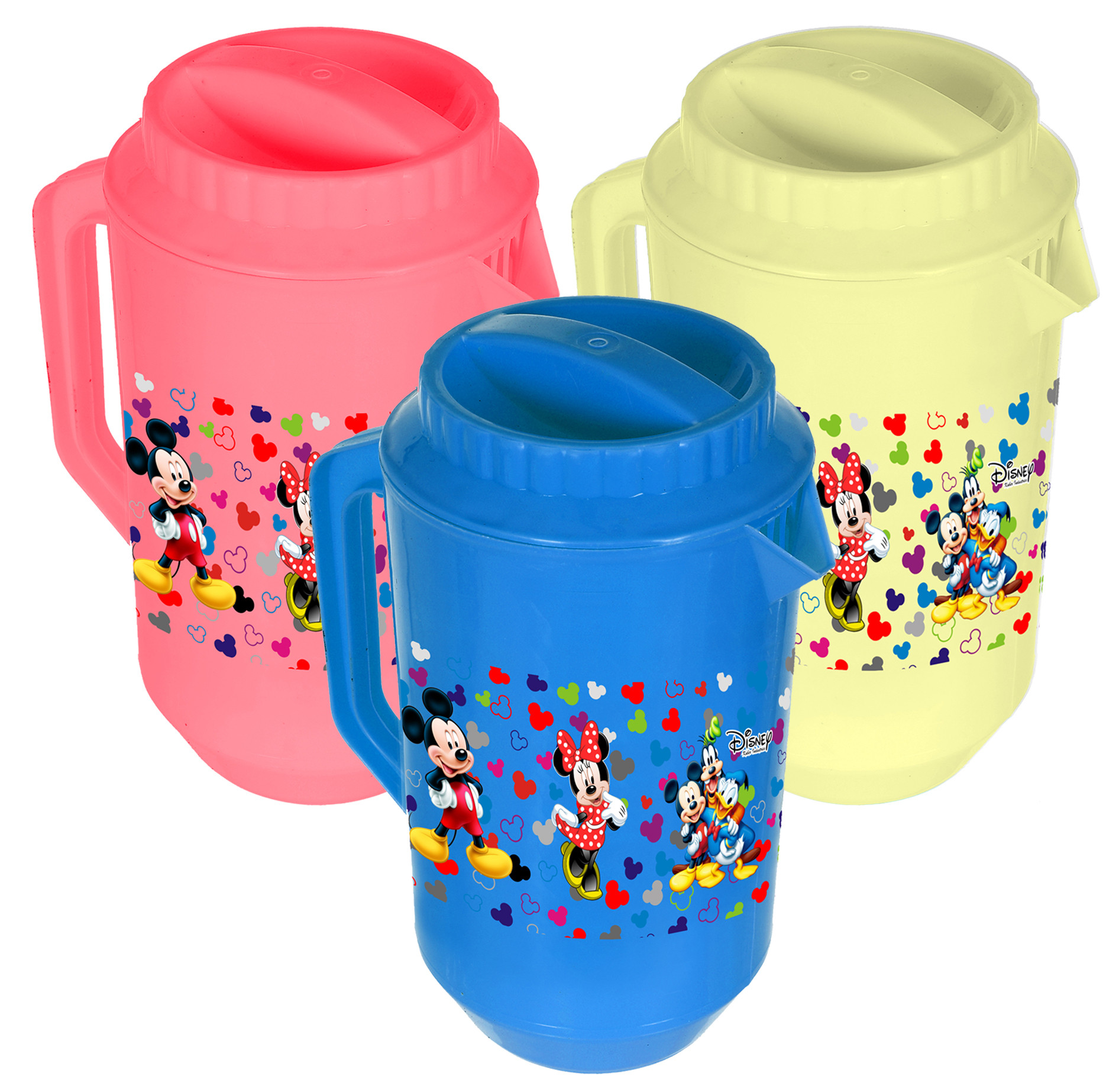 Kuber Industries Disney Team Mickey Print Unbreakable Multipurpose Plastic Water & Juice Jug With Lid,2 Ltr (Set of 3,Pink & Cream & Blue)
