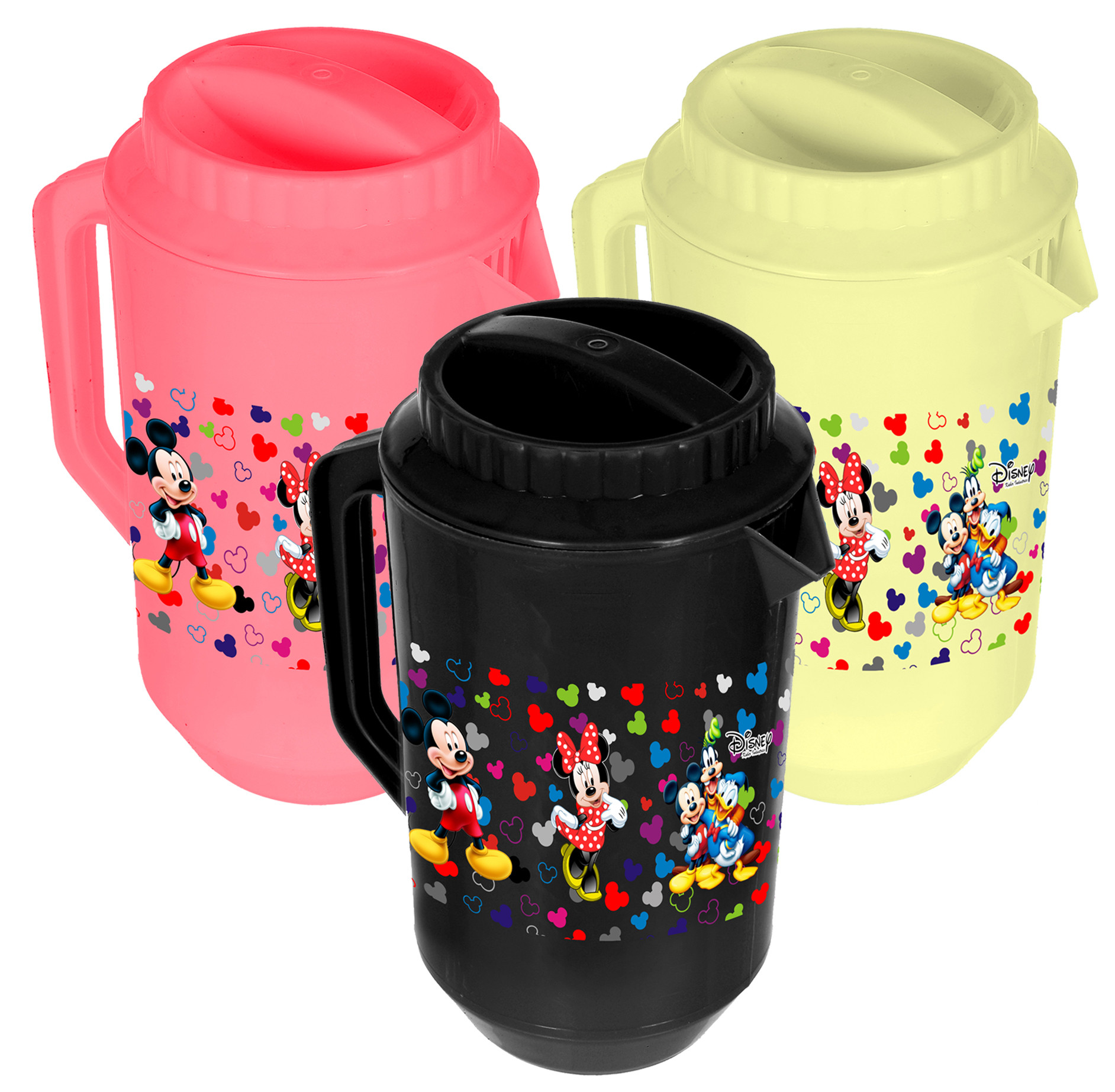 Kuber Industries Disney Team Mickey Print Unbreakable Multipurpose Plastic Water & Juice Jug With Lid,2 Ltr (Set of 3,Pink & Cream & Black)