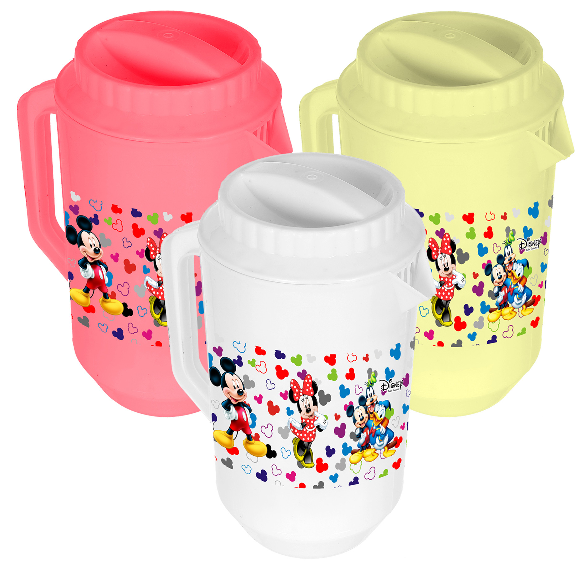 Kuber Industries Disney Team Mickey Print Unbreakable Multipurpose Plastic Water & Juice Jug With Lid,2 Ltr (Set of 3,Pink & Cream & White)