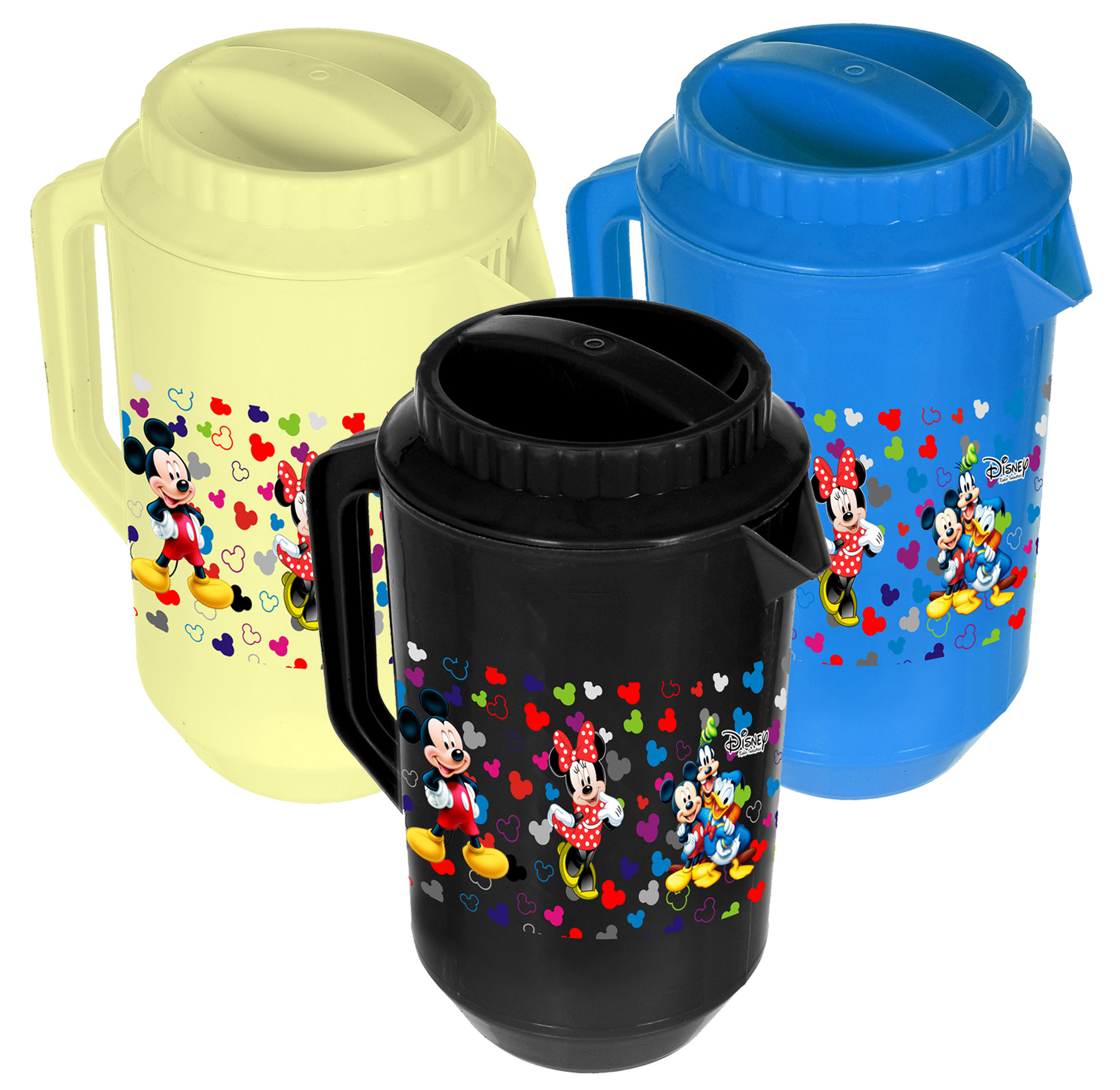 Kuber Industries Disney Team Mickey Print Unbreakable Multipurpose Plastic Water & Juice Jug With Lid,2 Ltr (Set of 3,Cream & Blue & Black)