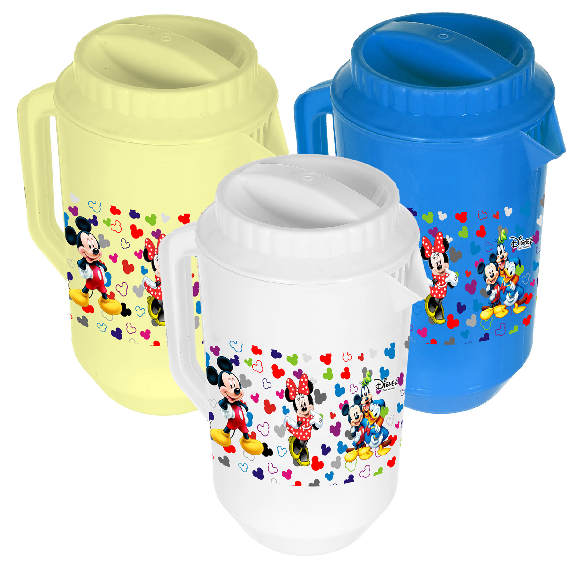 Kuber Industries Disney Team Mickey Print Unbreakable Multipurpose Plastic Water & Juice Jug With Lid,2 Ltr (Set of 3,Cream & Blue & White)